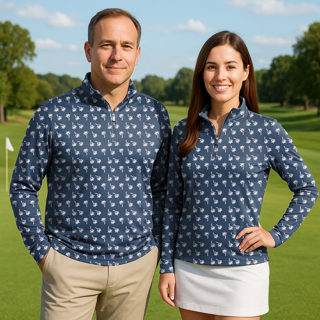 Pink Palms couple golf active 3/4 zip top with long sleeves in navy, lightweight, breathable, semi-fitted sun-safe fabric