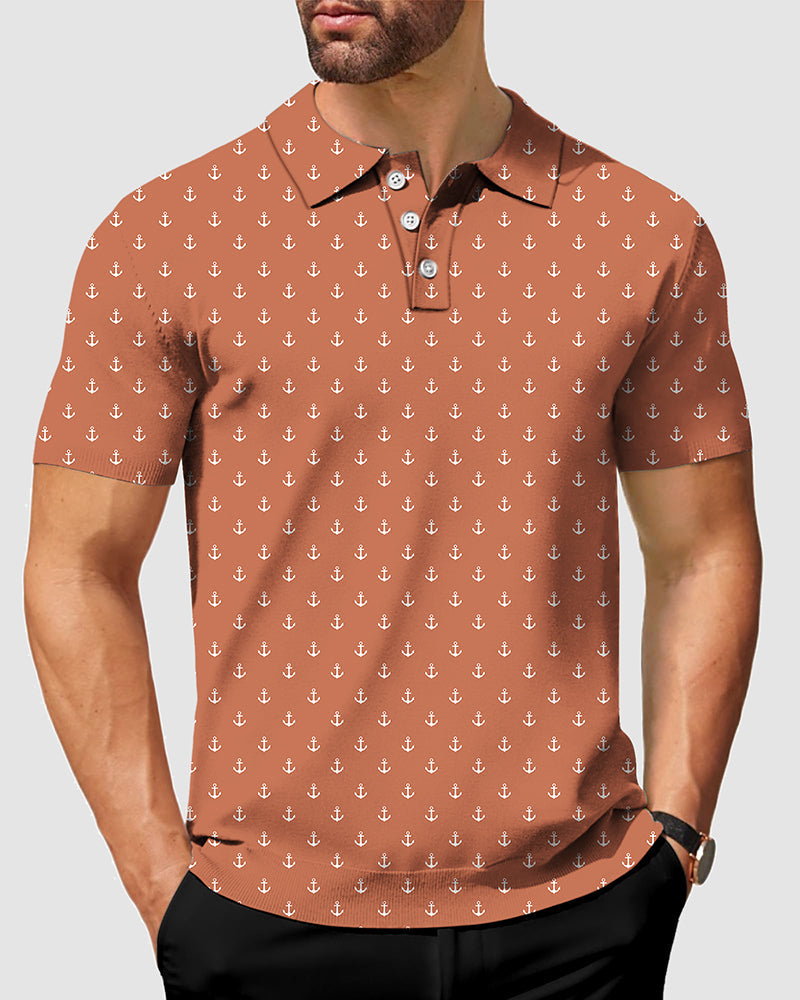 Men's dark orange anchor polo shirt with four-way stretch, moisture-wicking fabric, wrinkle-resistant, UPF 40+ protection, and classic fit for business casual styling