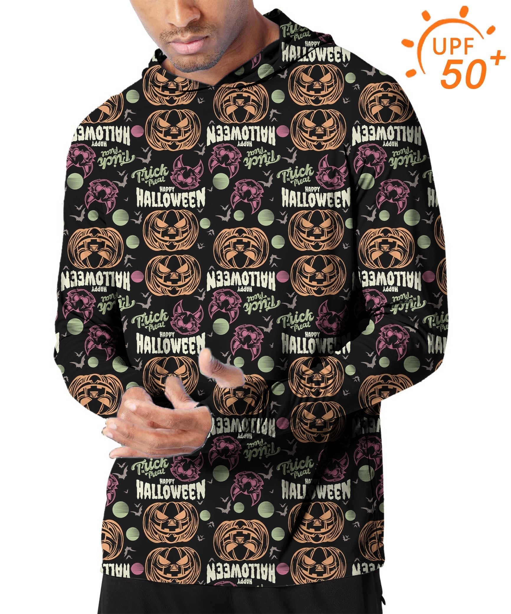 Men's Outdoor Happy Halloween pumpkin print slim fit golf hoodie with UPF 50+ sun protection