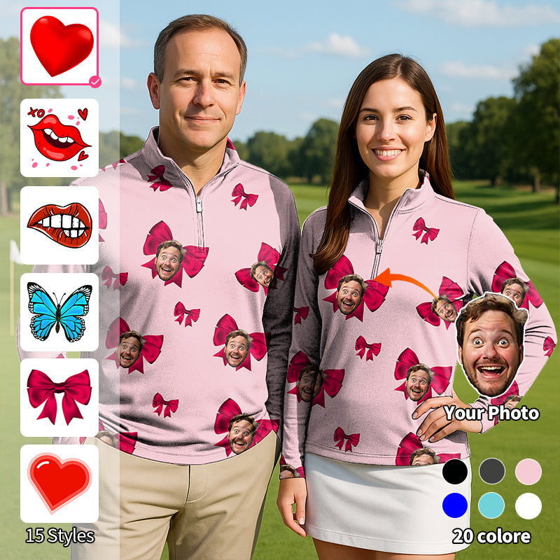 Valentine's Day custom pink couple golf active 3/4 zip top with personalized photo design