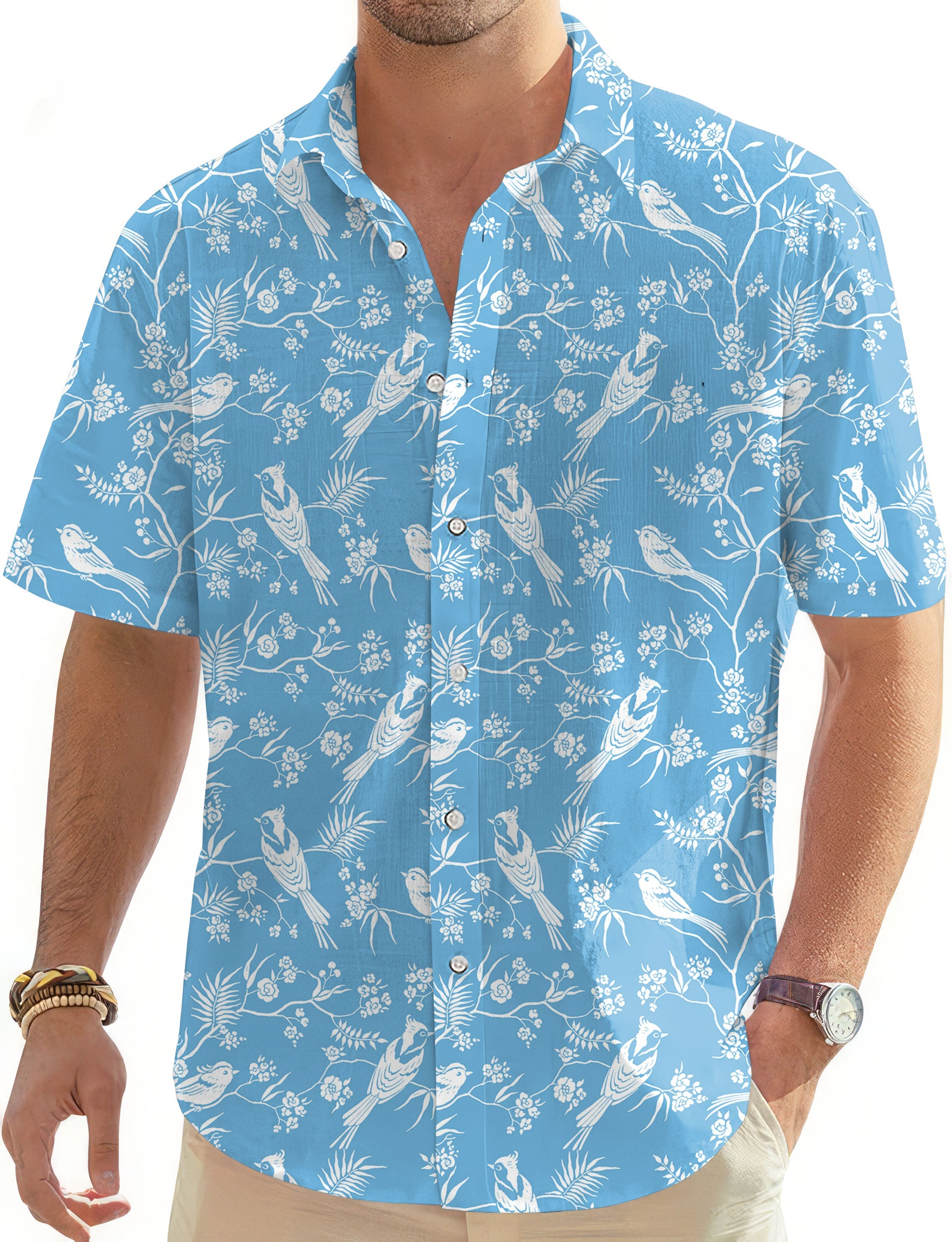 Men's light blue Blooming Branches Trees and birds Hawaiian golf shirt with button-down collar and short sleeves