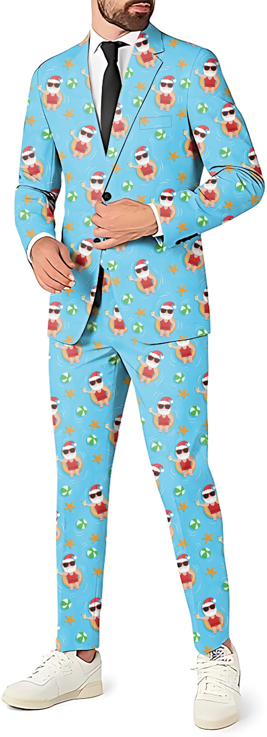 Men's Christmas Santa Swim Juice themed party suit with blazer, pants, and vest on light blue background