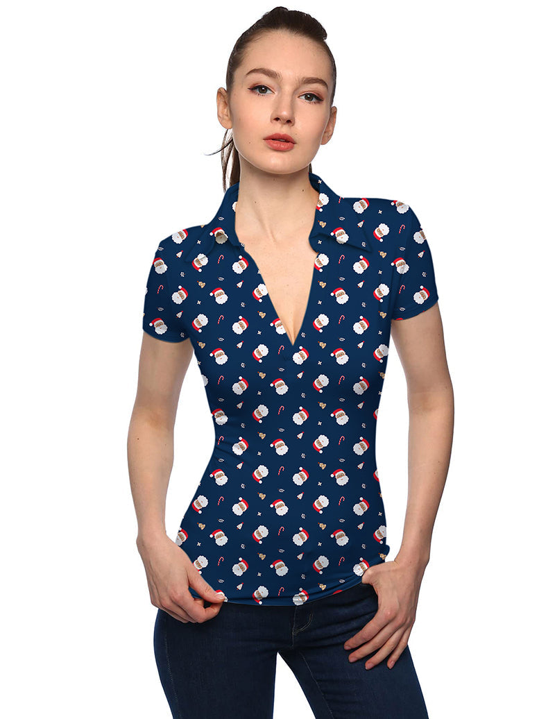 Women's Santa Claus Christmas V-neck golf polo shirt with short sleeves and festive Santa print on navy background