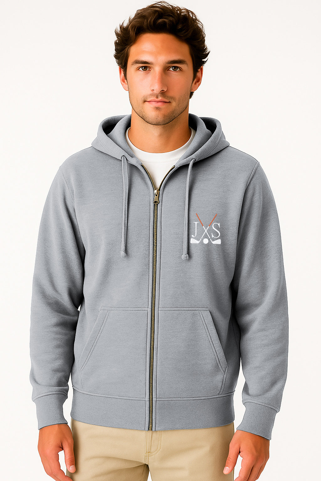 Grey embroidery solid color men's plus size zip-up hoodie with rib knit cuffs and front pouch pocket