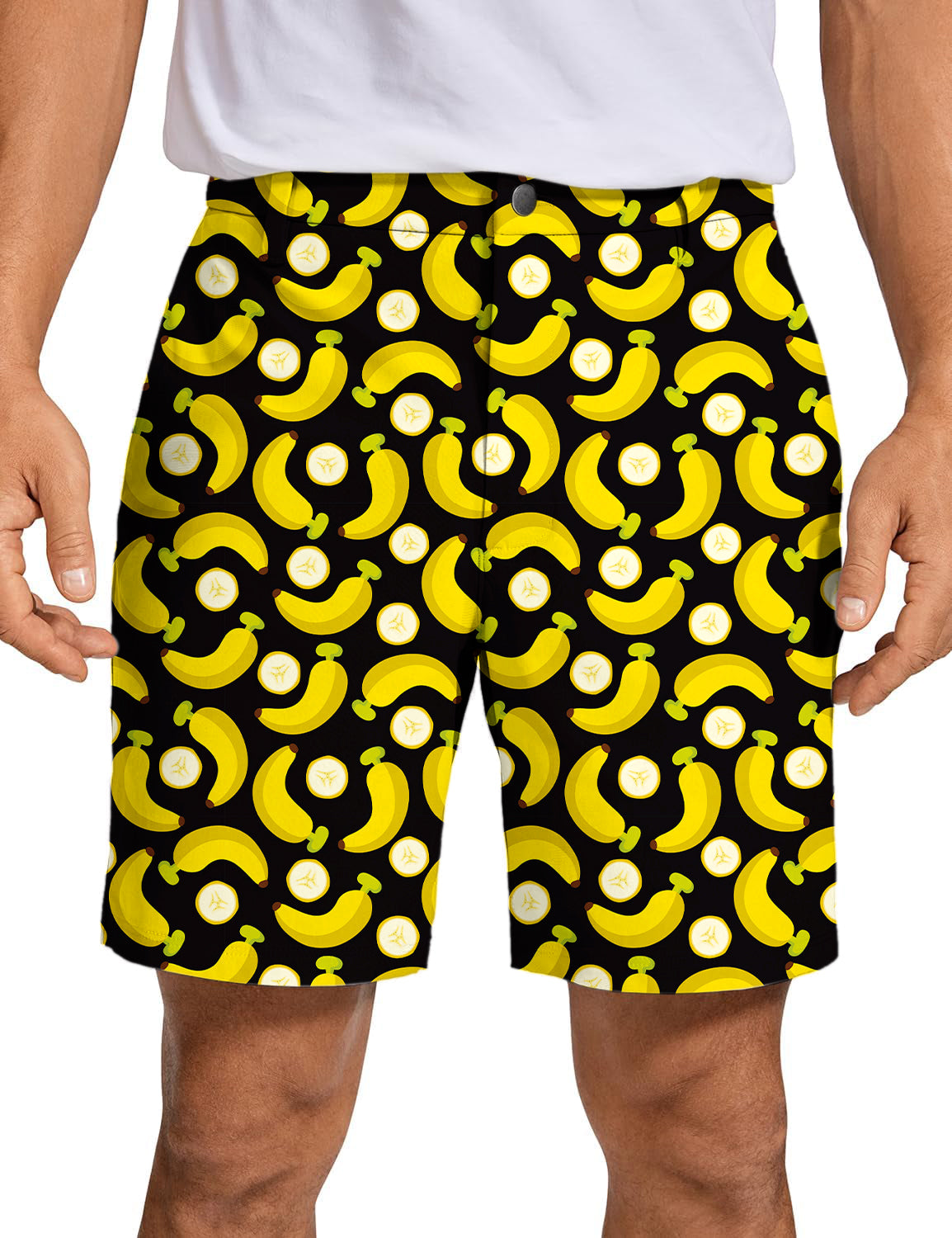 Men's Halloween Bananas golf shorts with yellow banana and peel pattern on black background