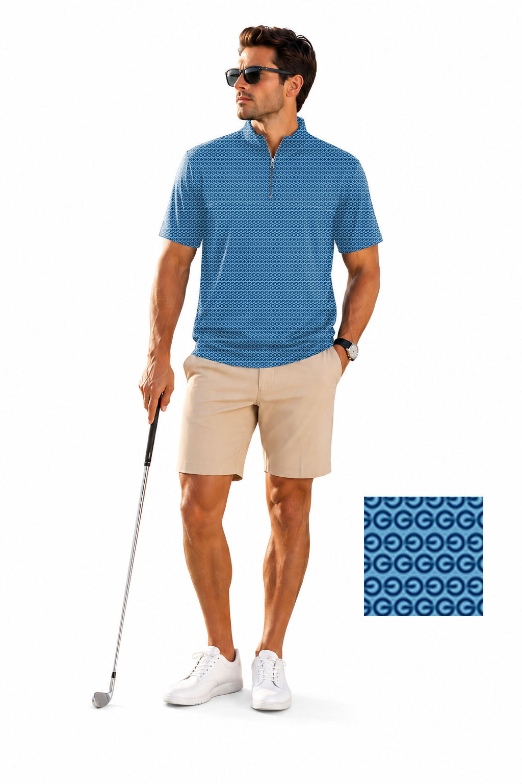 Men's Short Sleeve Quarter Zip Golf Pullover Blue G Embroidery