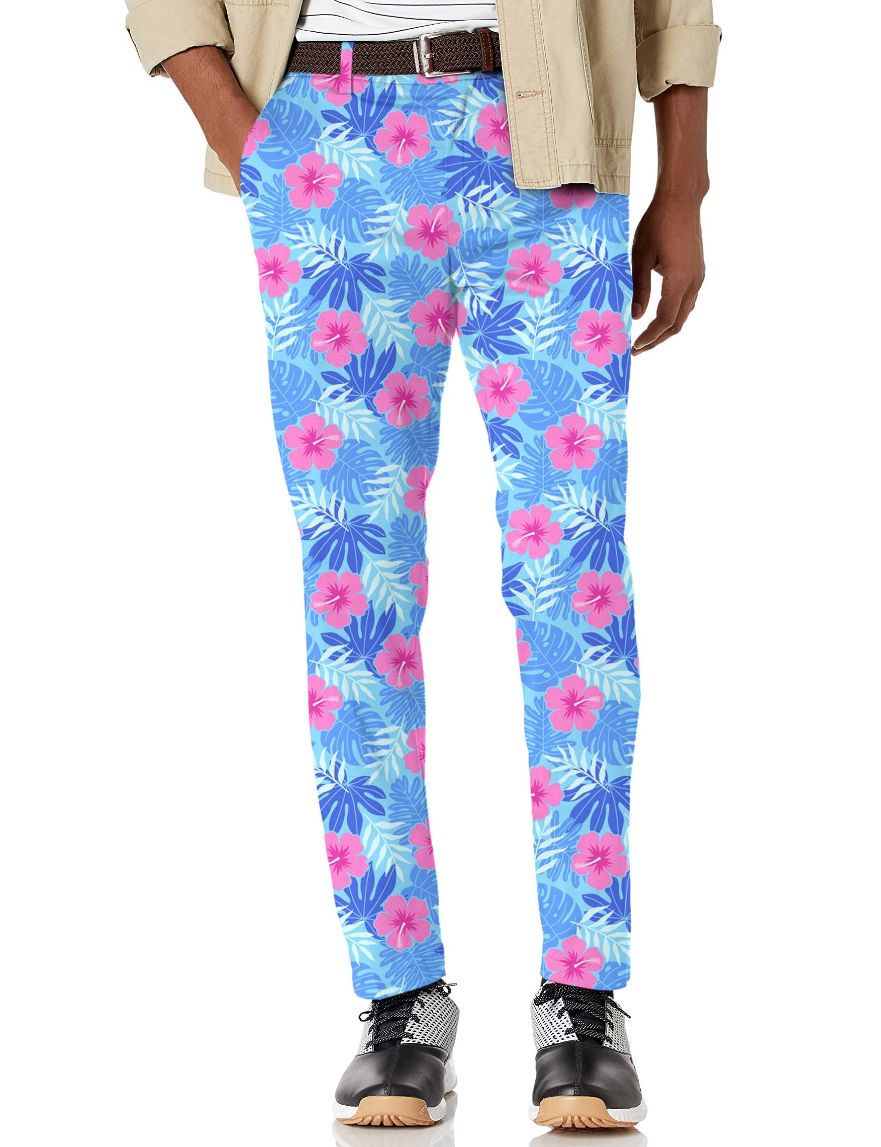 Men's Vivid Bloom stretch golf pants with pink floral print and moisture-wicking fabric