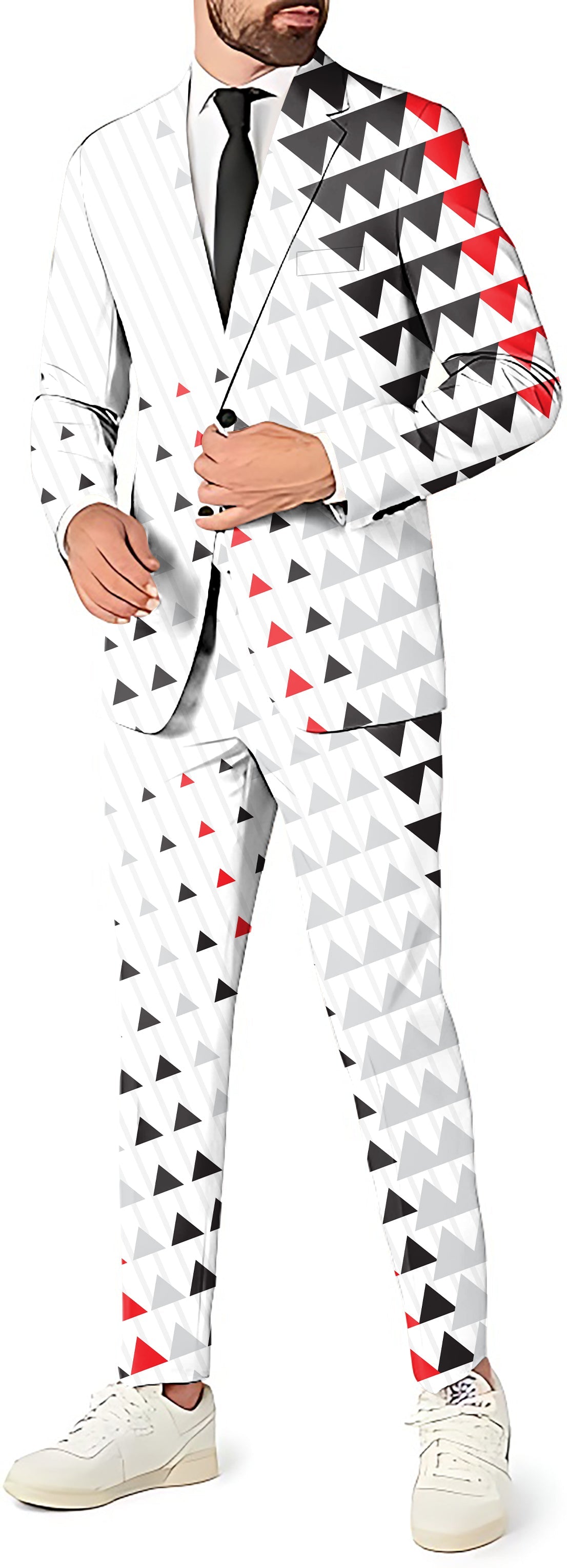 black red sport team men's slim fit party suit with blazer, vest, and pants in geometric pattern