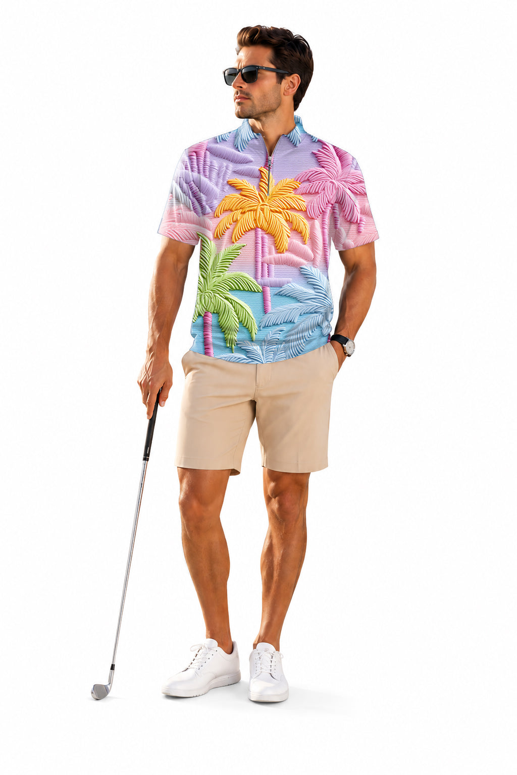 Men's Short Sleeve Quarter Zip Golf Pullover 3D coconut trees Embroidery
