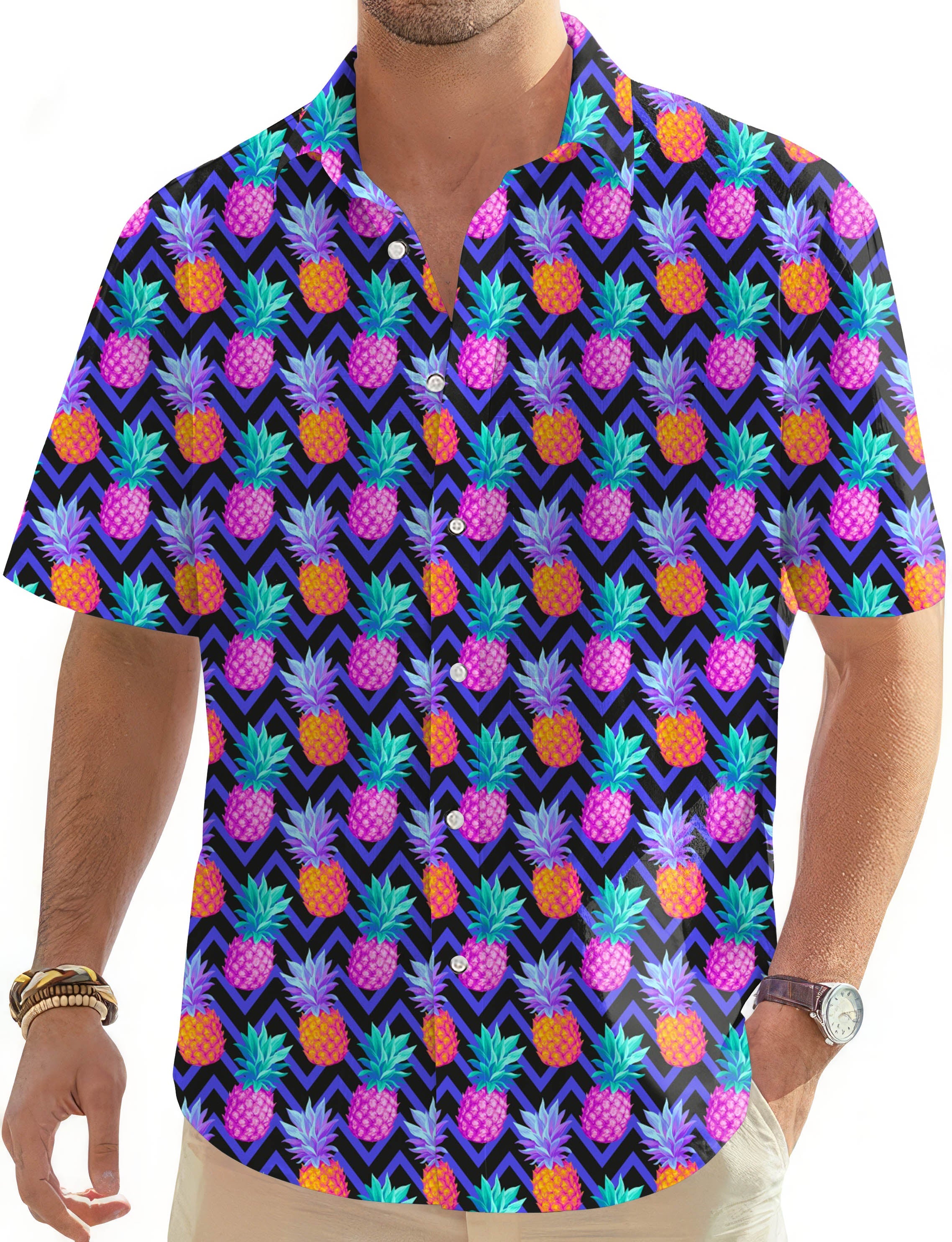 Men's button-down Hawaiian golf shirt with colorful pineapple print and short sleeves
