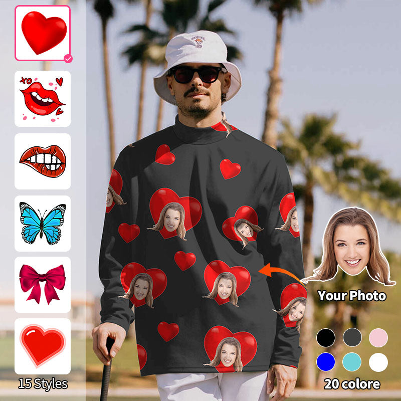 Valentine's Day Men's Custom Photo Face Custom Color Black Love Pullover High Neck Long/Short Sleeve T-Shirt