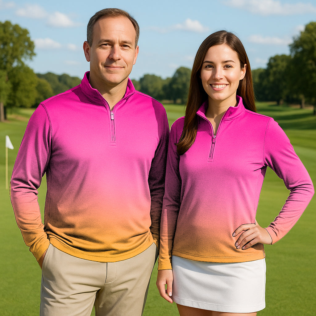 Couple wearing neon gradients 3/4 zip golf tops with long sleeves on a golf course