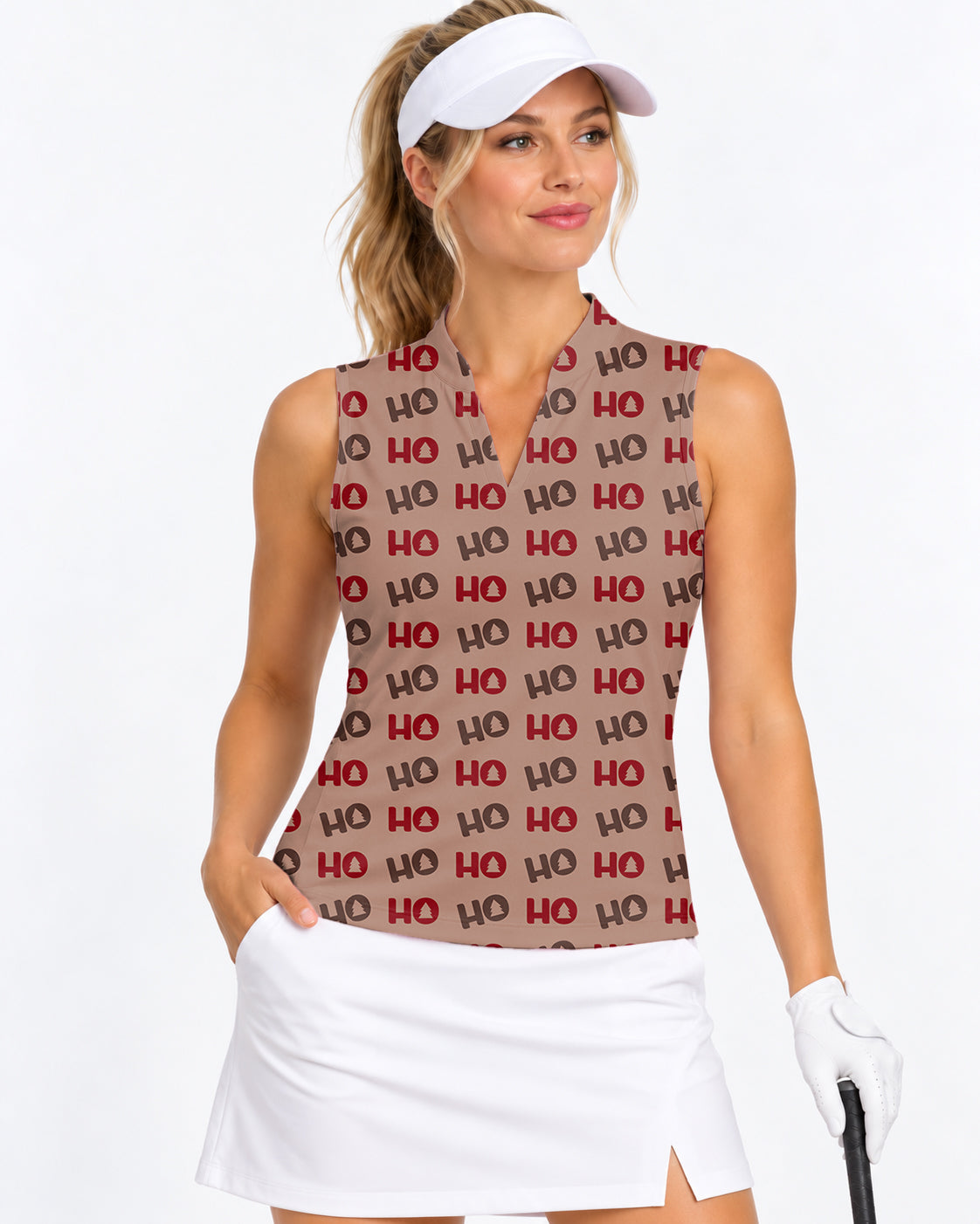 Christmas Tree HO Women's V Notch Mock Neck Sleeveless Golf Athletic Blouse