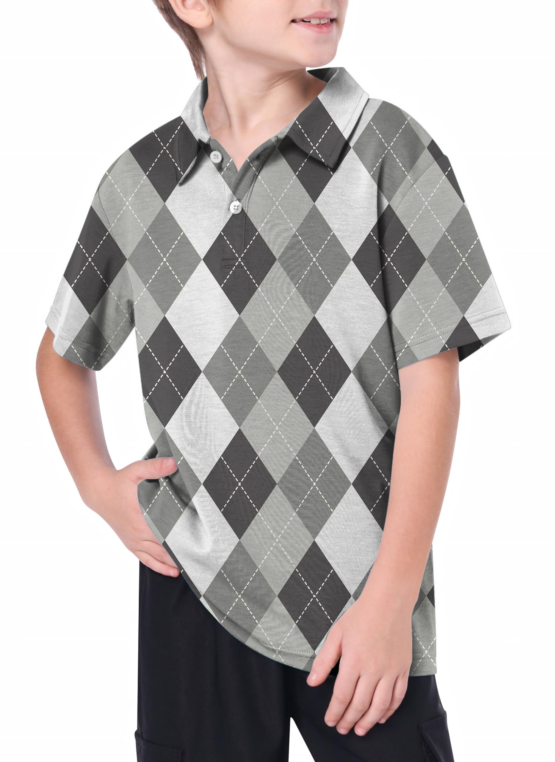 Youth grey argyle golf polo with 4-way stretch and UPF 40+ for youth women's outdoor activities