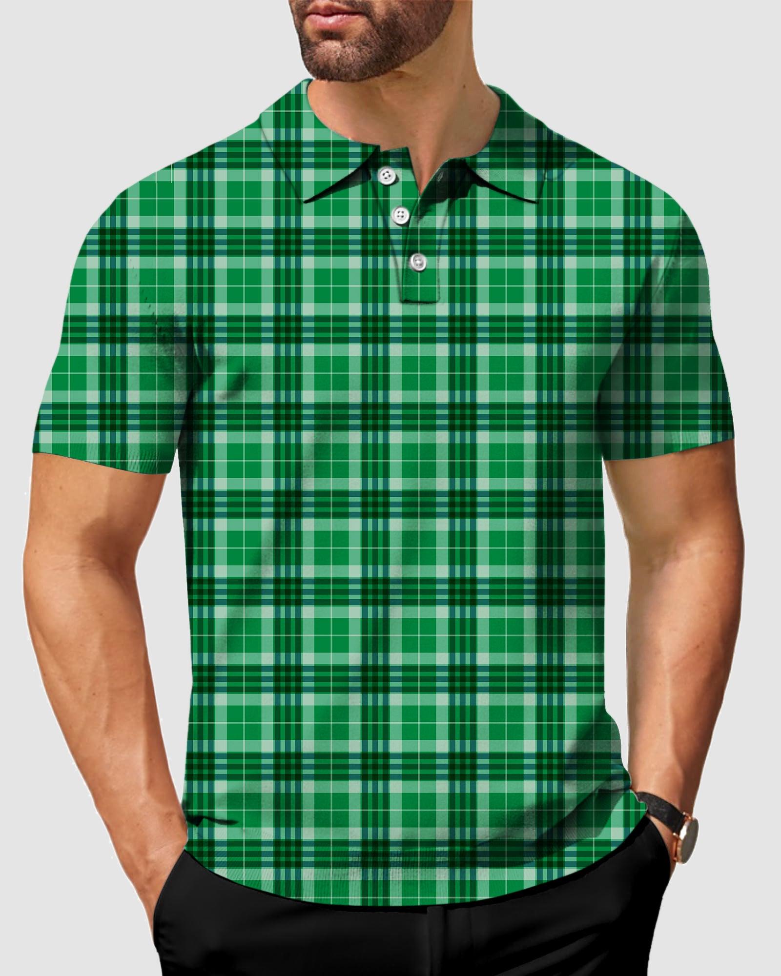 Men's Green grid golf polo