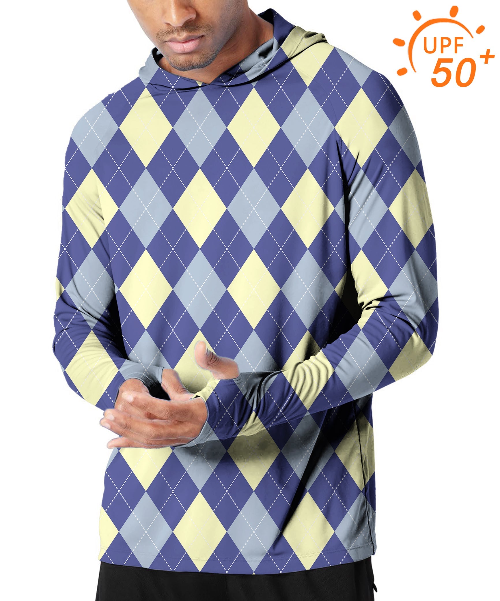 Men's outdoor slim fit blue argyle hoodie with UPF 50+ sun protection and thumb holes