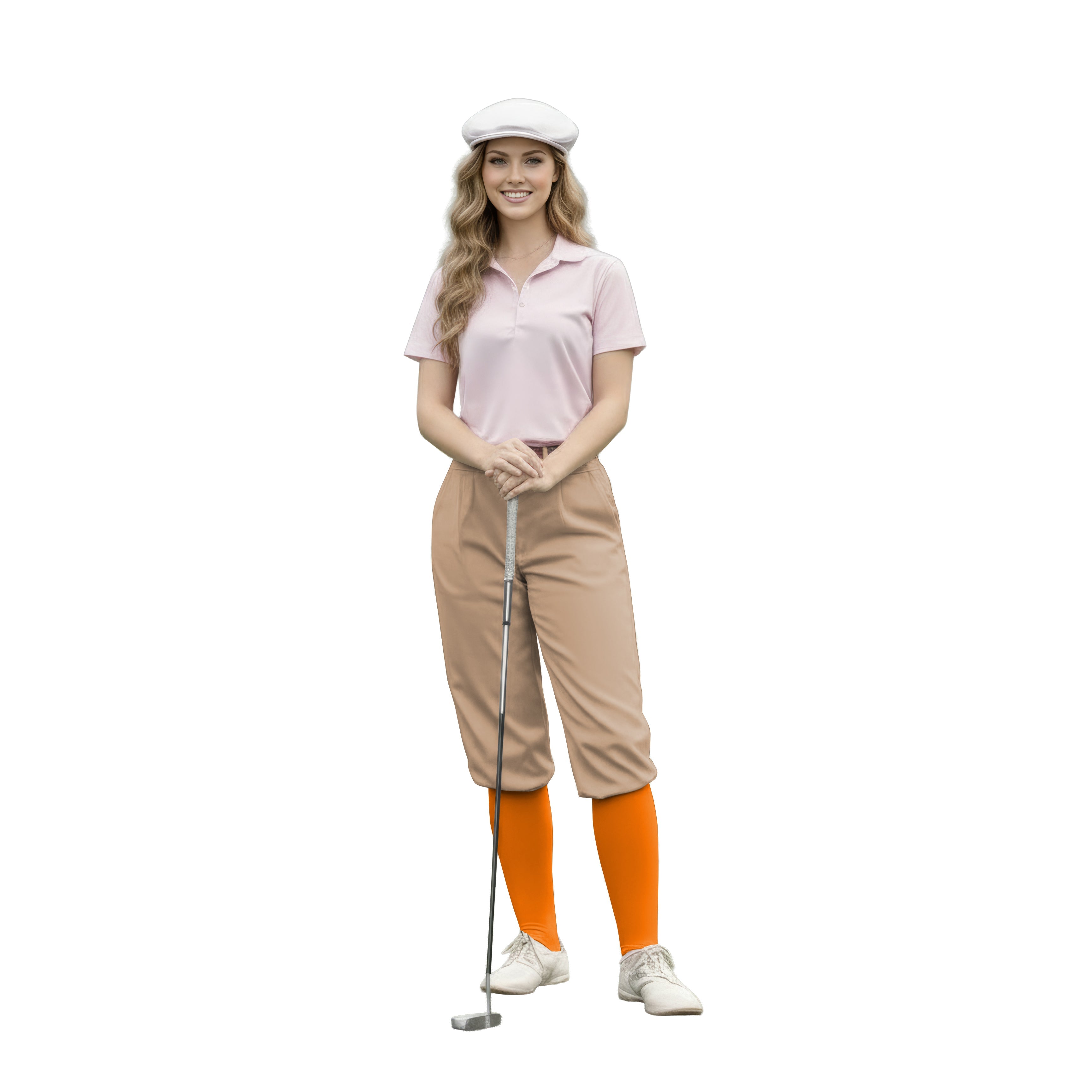 woman wearing pure taupe womens golf knickers with pink polo and orange socks holding golf club