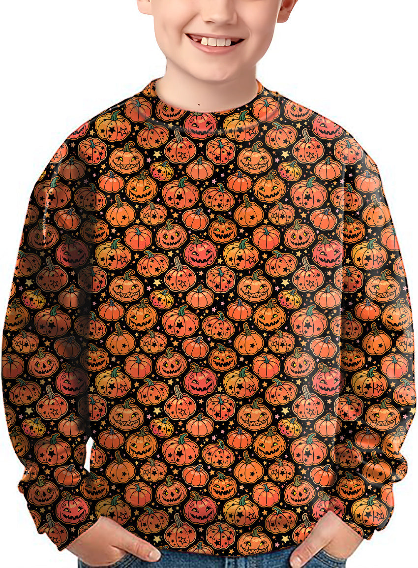 Kids Halloween crewneck pullover with star pumpkin bones pattern for spooky sweater parties