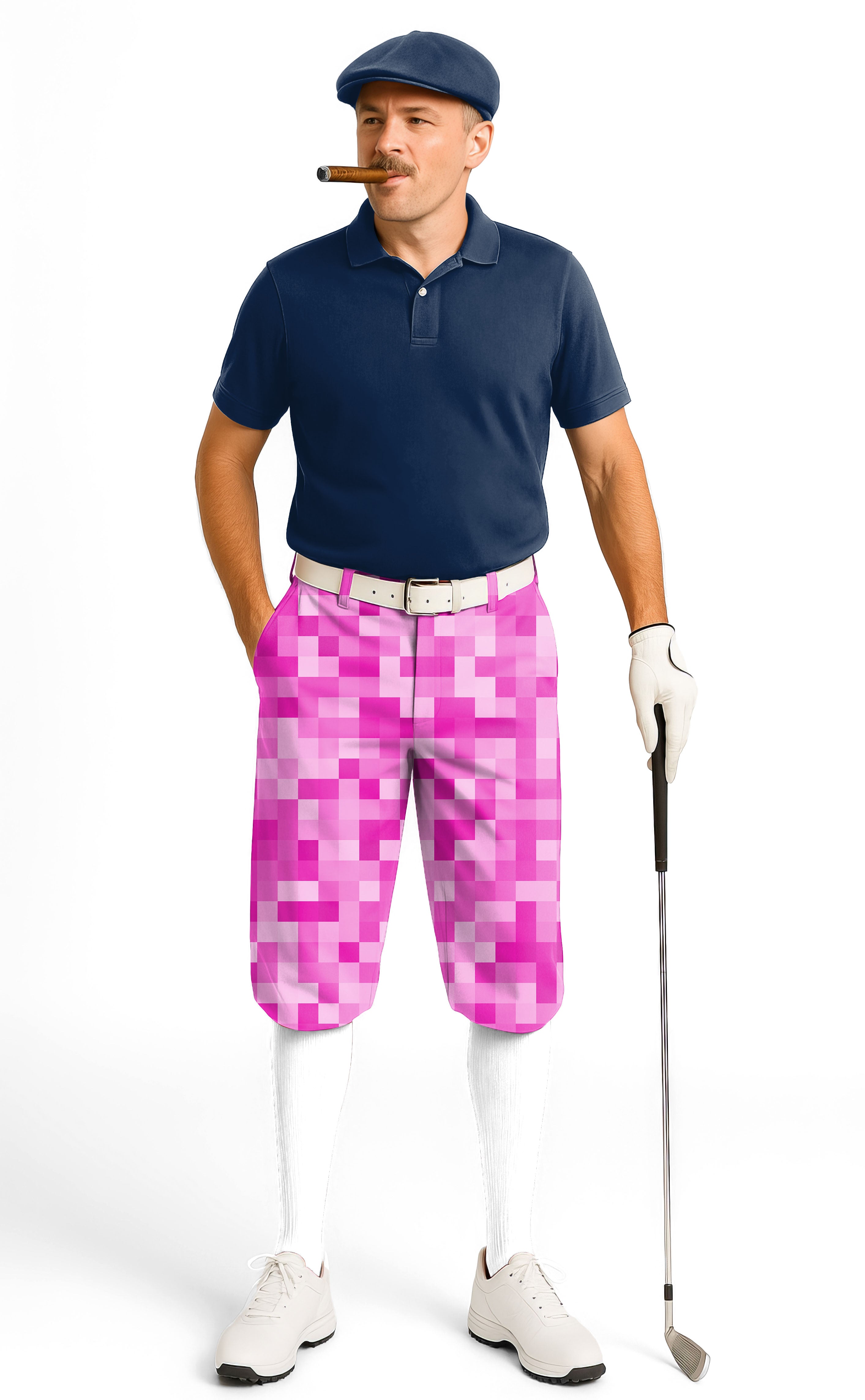 Rose Red Pixel Big men's golf knickers with snug ankle cuffs and adjustable velcro waistband.