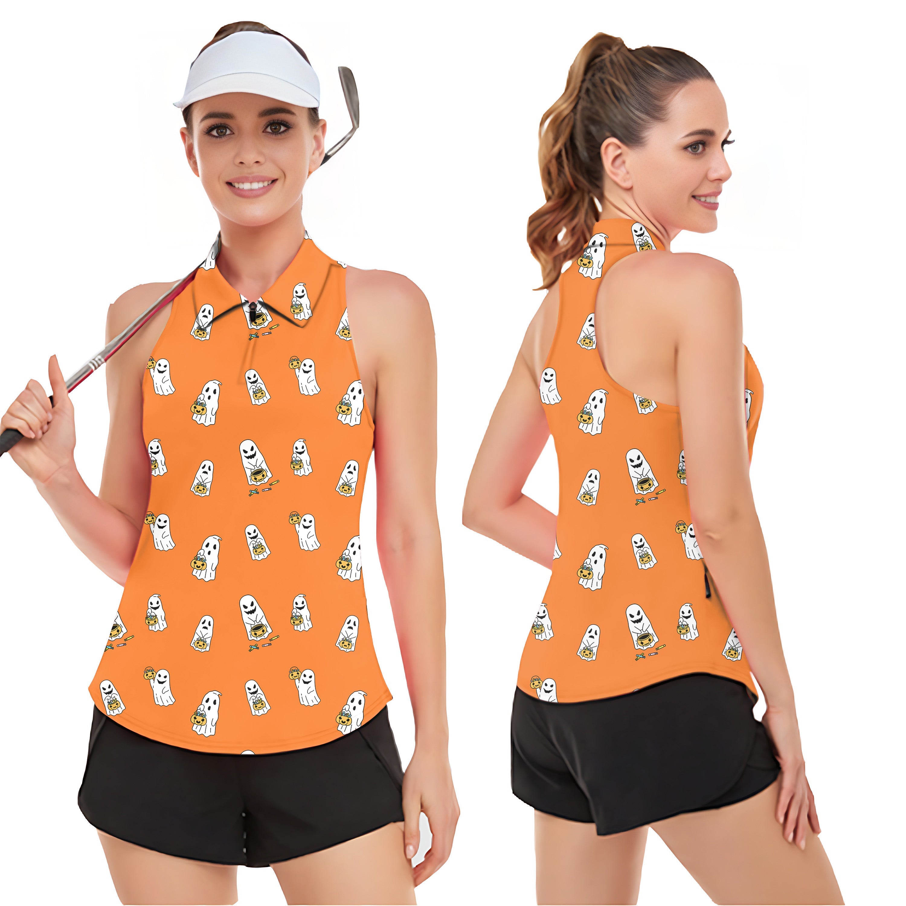 Women’s sleeveless golf polo tank top with Halloween ghost pumpkin basket print and UPF50+ sun protection