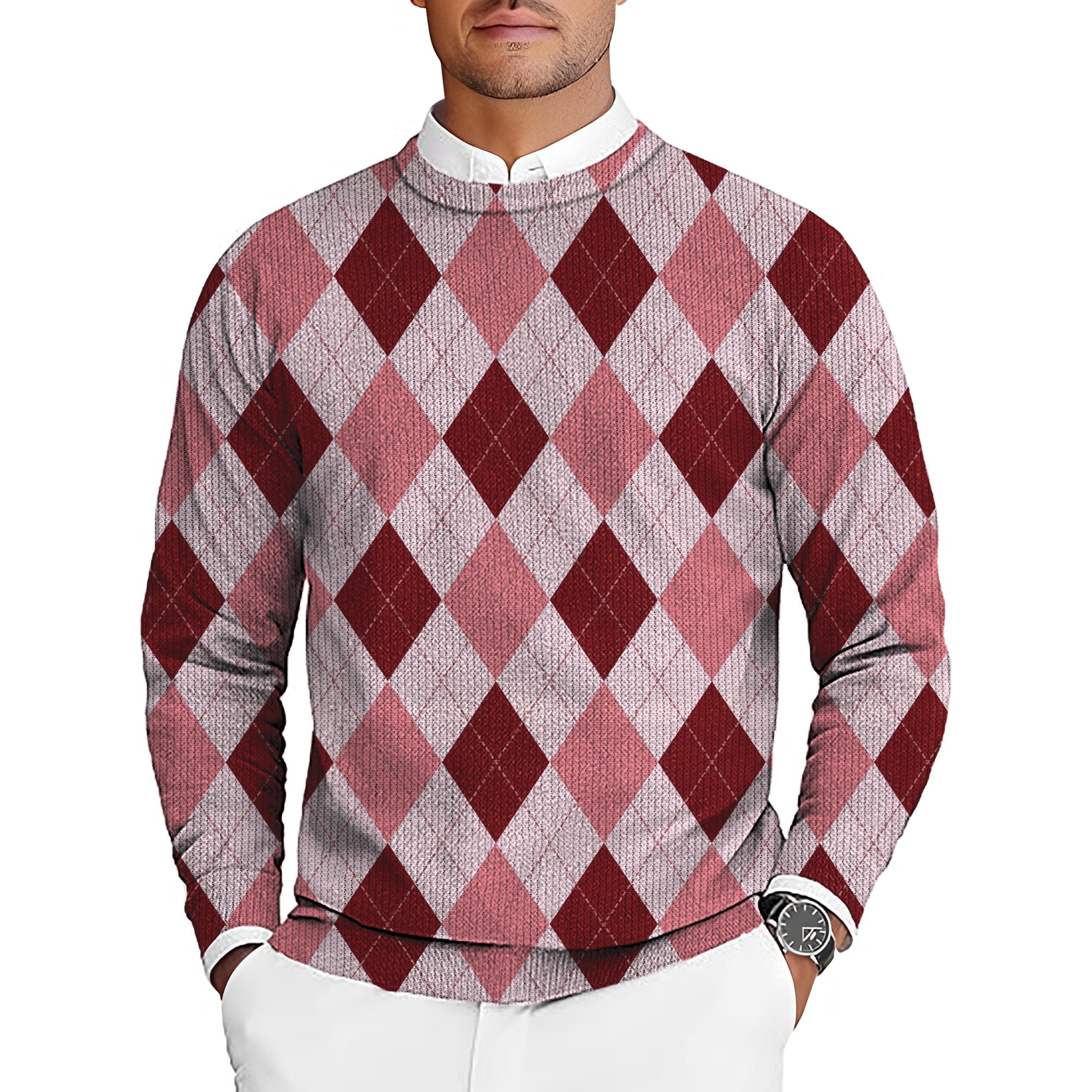 pink Argyle men's golf crewneck pullover sweater with diamond pattern