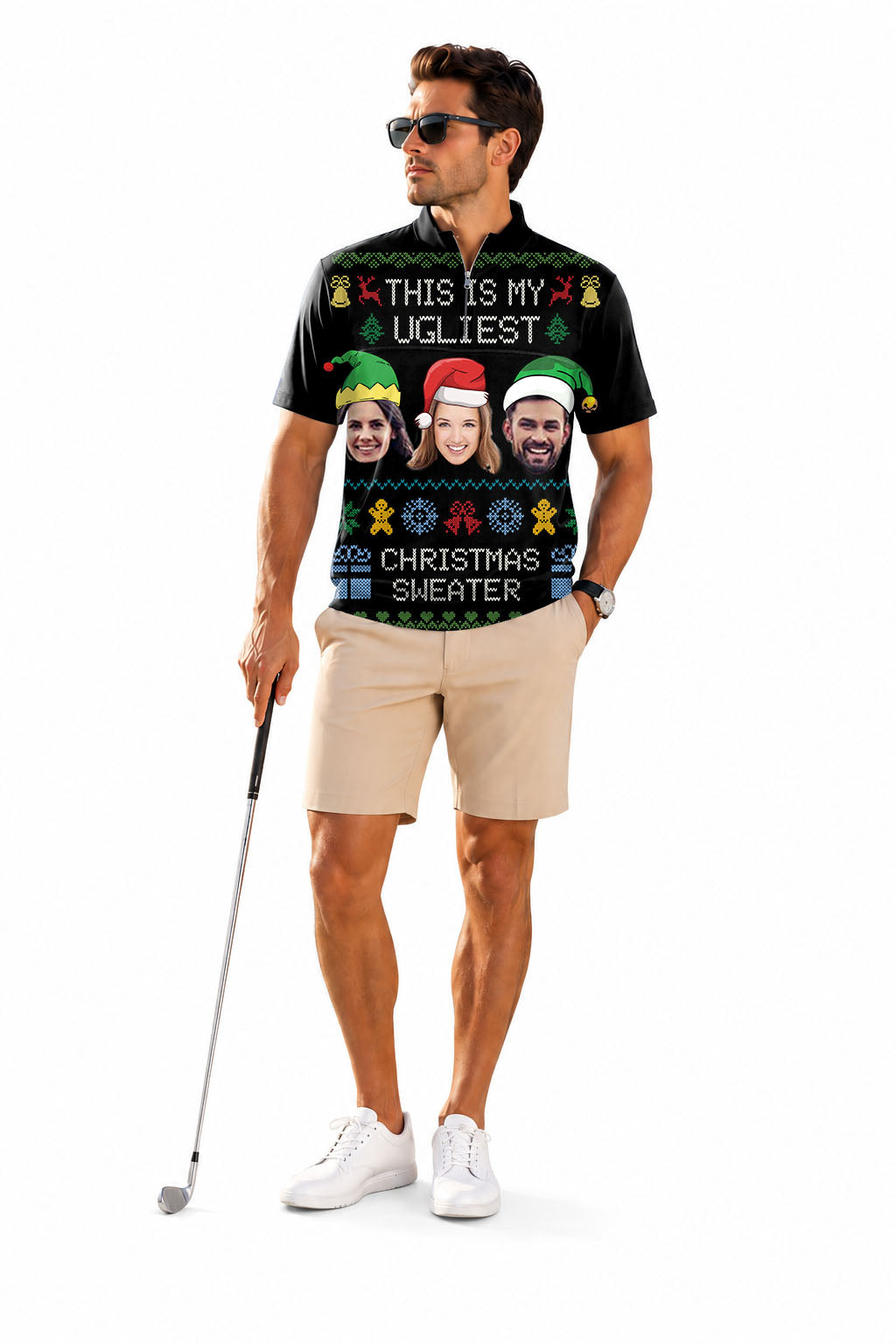 Men's Short Sleeve Quarter Zip Golf Pullover Black-Christmas Custom face Embroidery