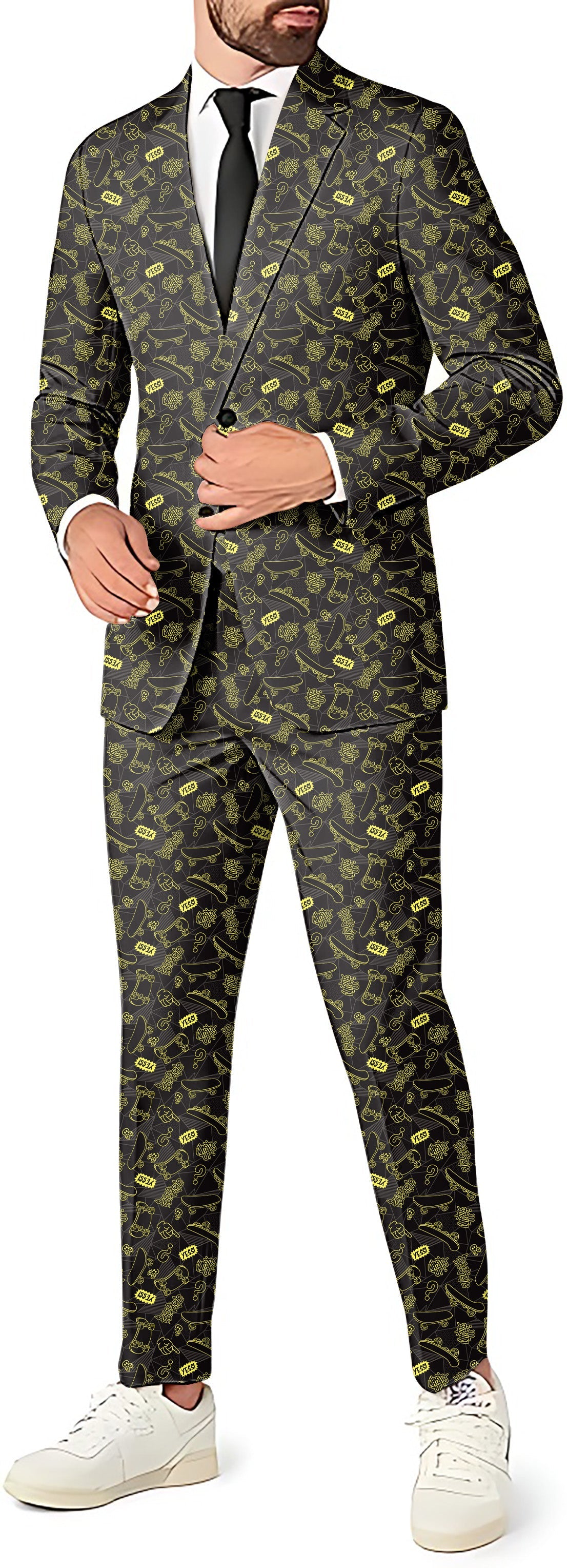 Yessi Men's Party Costumes black suit with yellow theme pattern blazer pants and vest