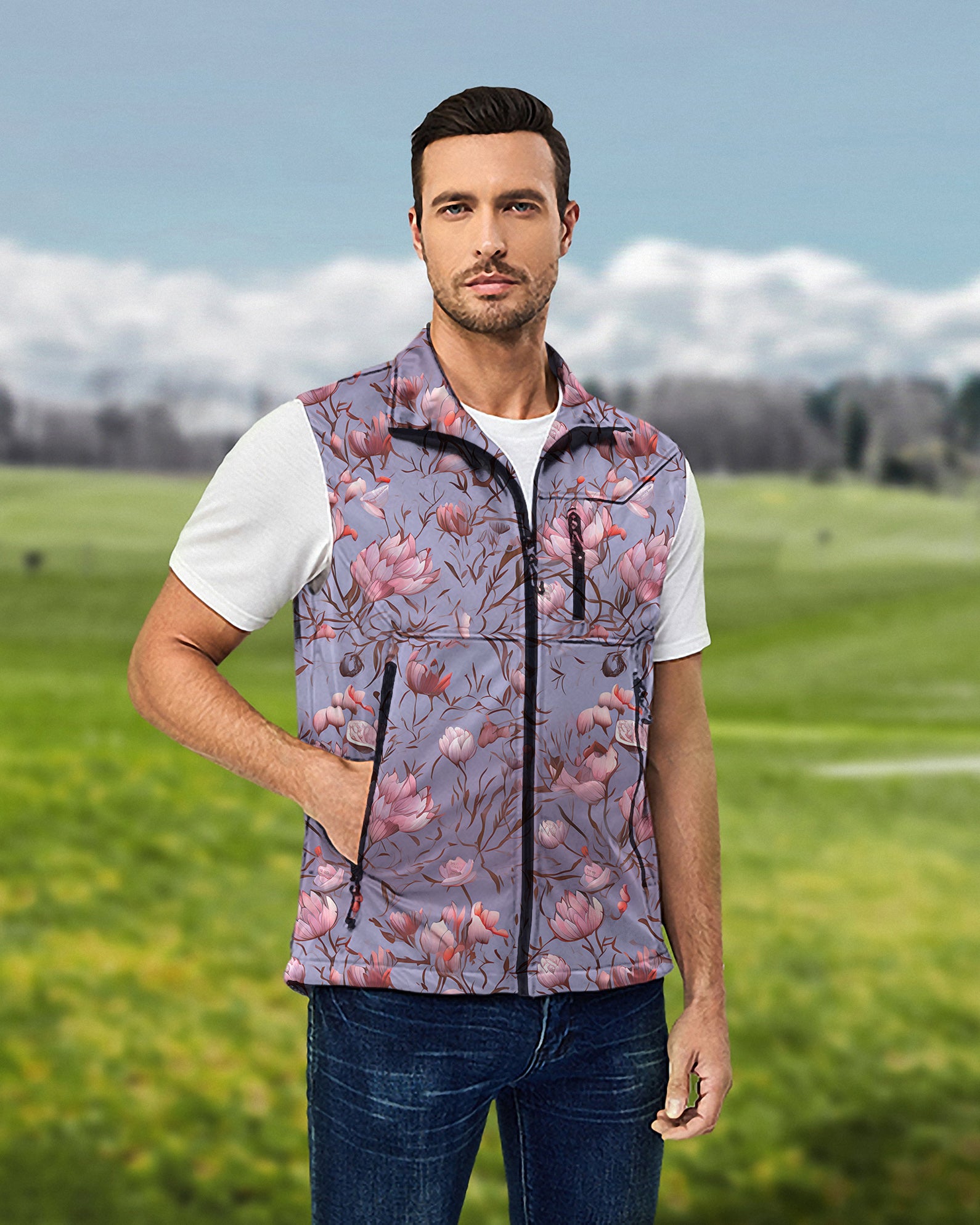 Men's Cherry blossoms Lightweight Softshell Vest Sleeveless Jacket for Golf Windproof Waterproof