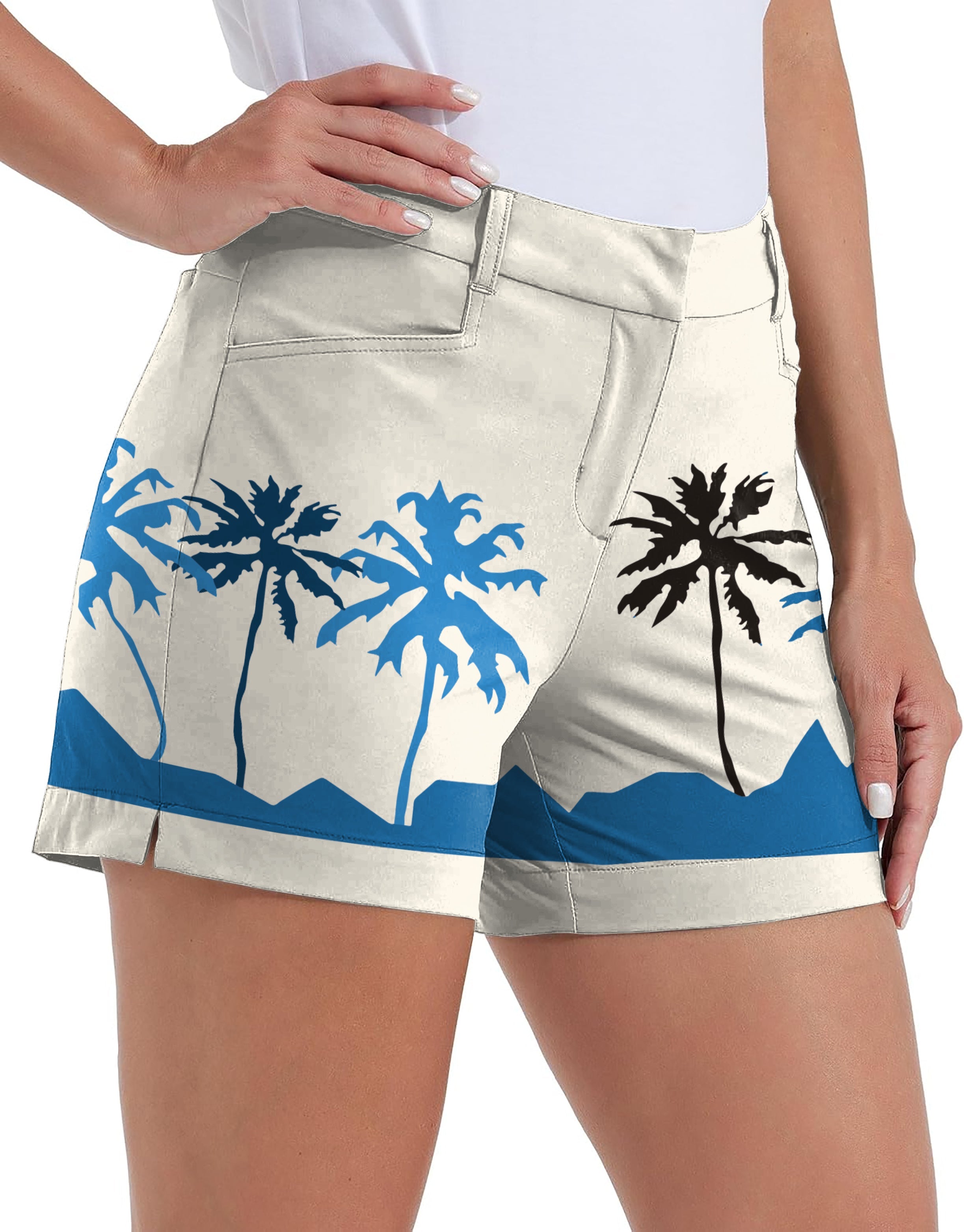 Women's quick-drying golf shorts with blue and black palm tree own logo design and pockets