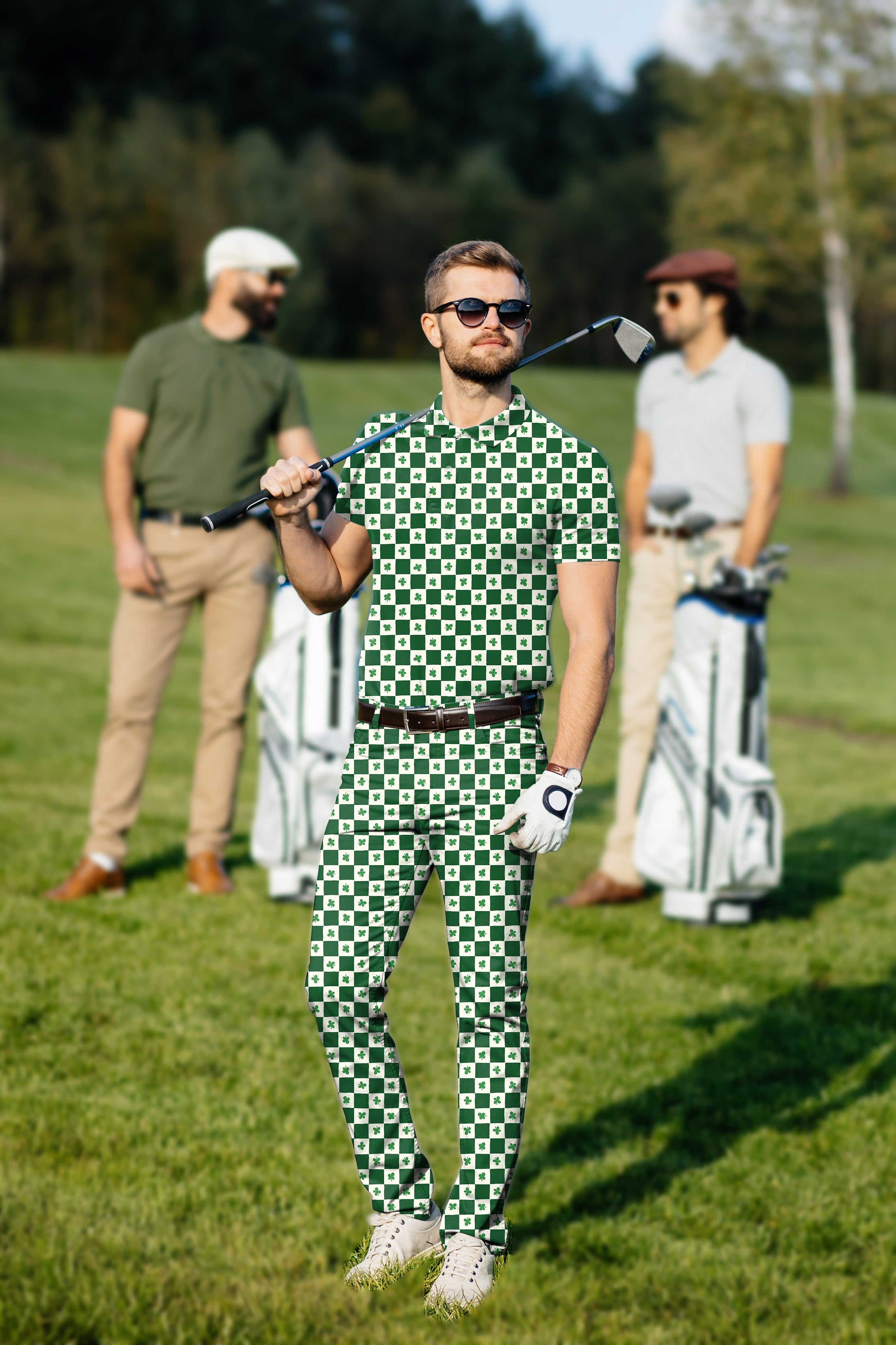 Men's golf set polo and pants with green and white checkered leaf clover design for St. Patrick's Day