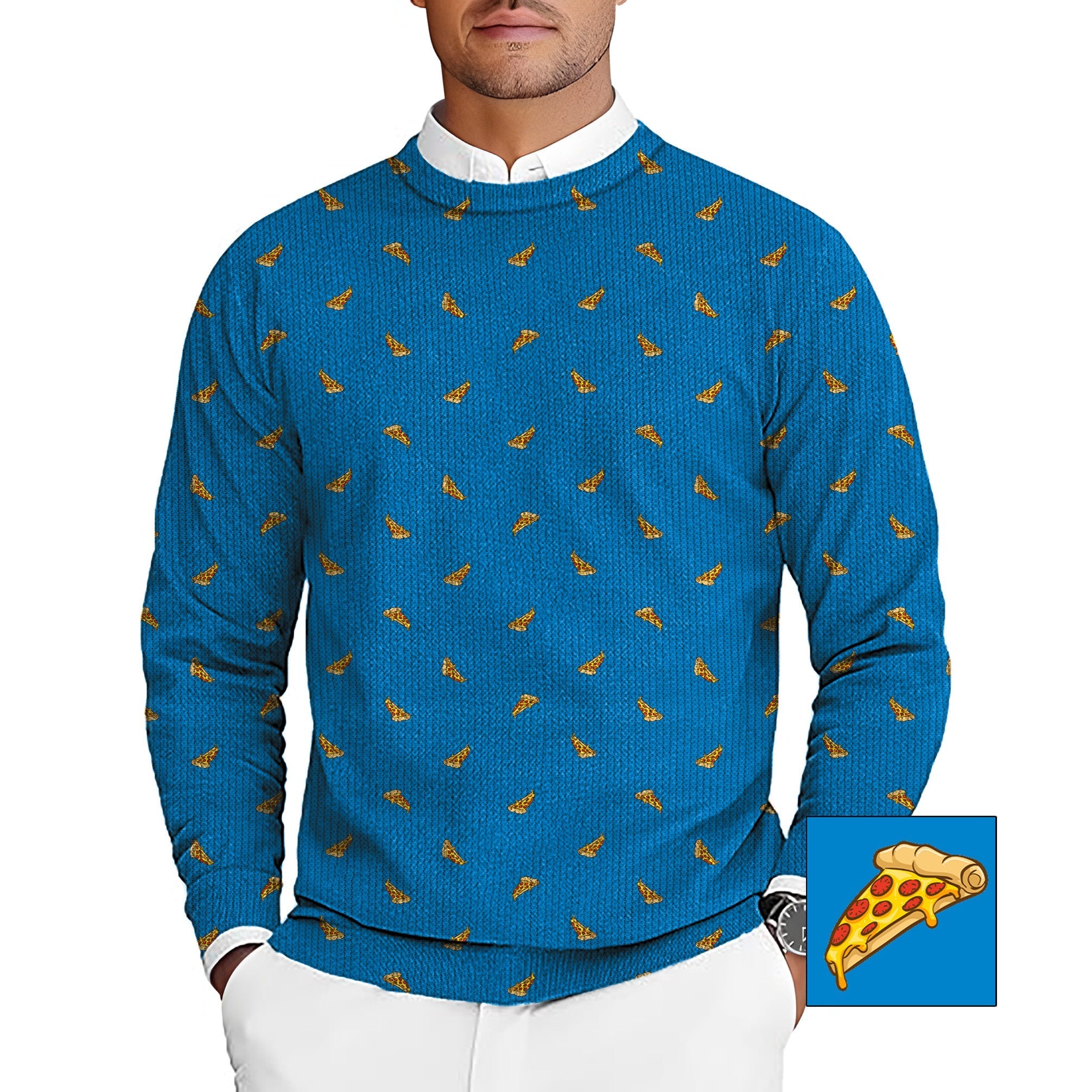 Men's golf crewneck pullover sweater with blue background and delicious white pizza pattern for custom team uniforms