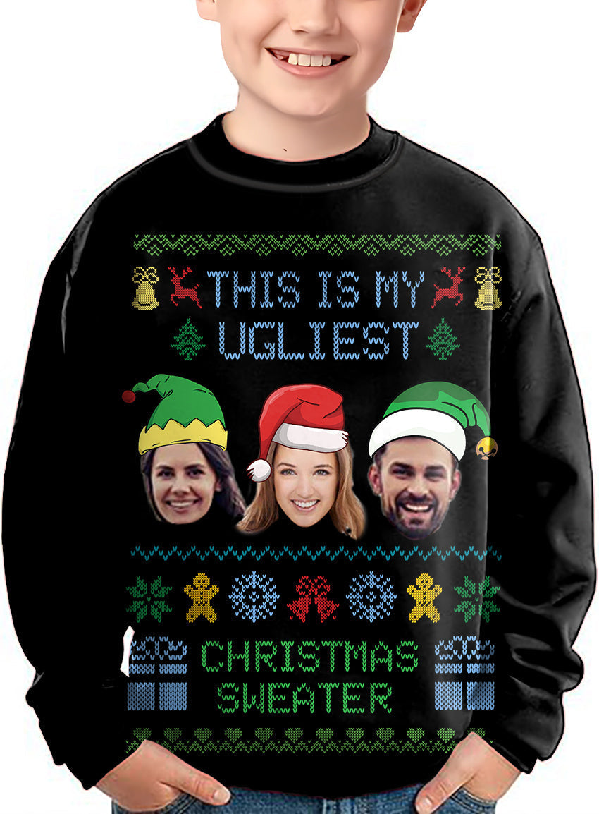 Black-Christmas custom face kids ugly Christmas sweater crewneck pullover with personalized faces and festive design