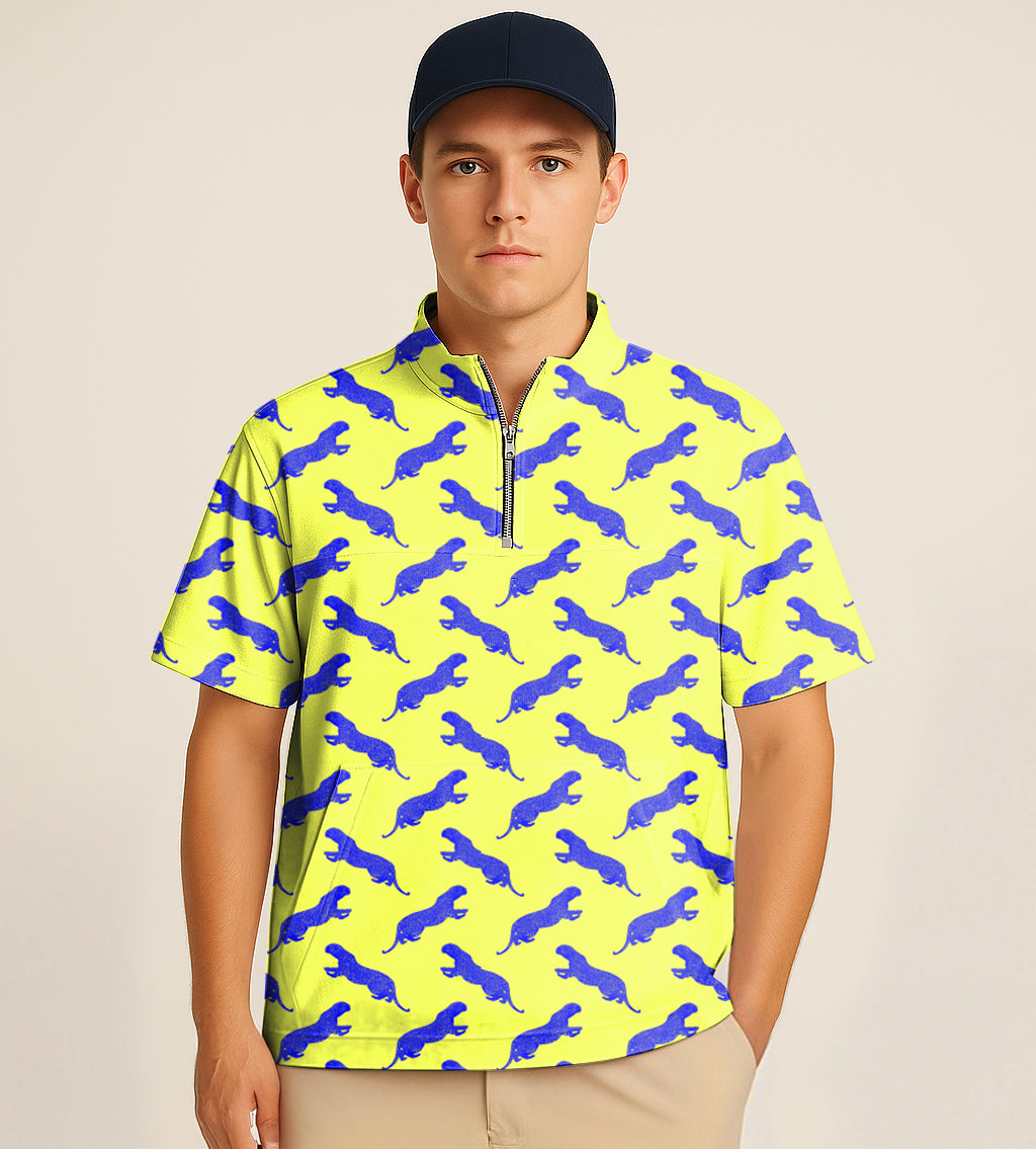 Men's half zipper turtleneck golf shirt with blue leopard embroidery on yellow background