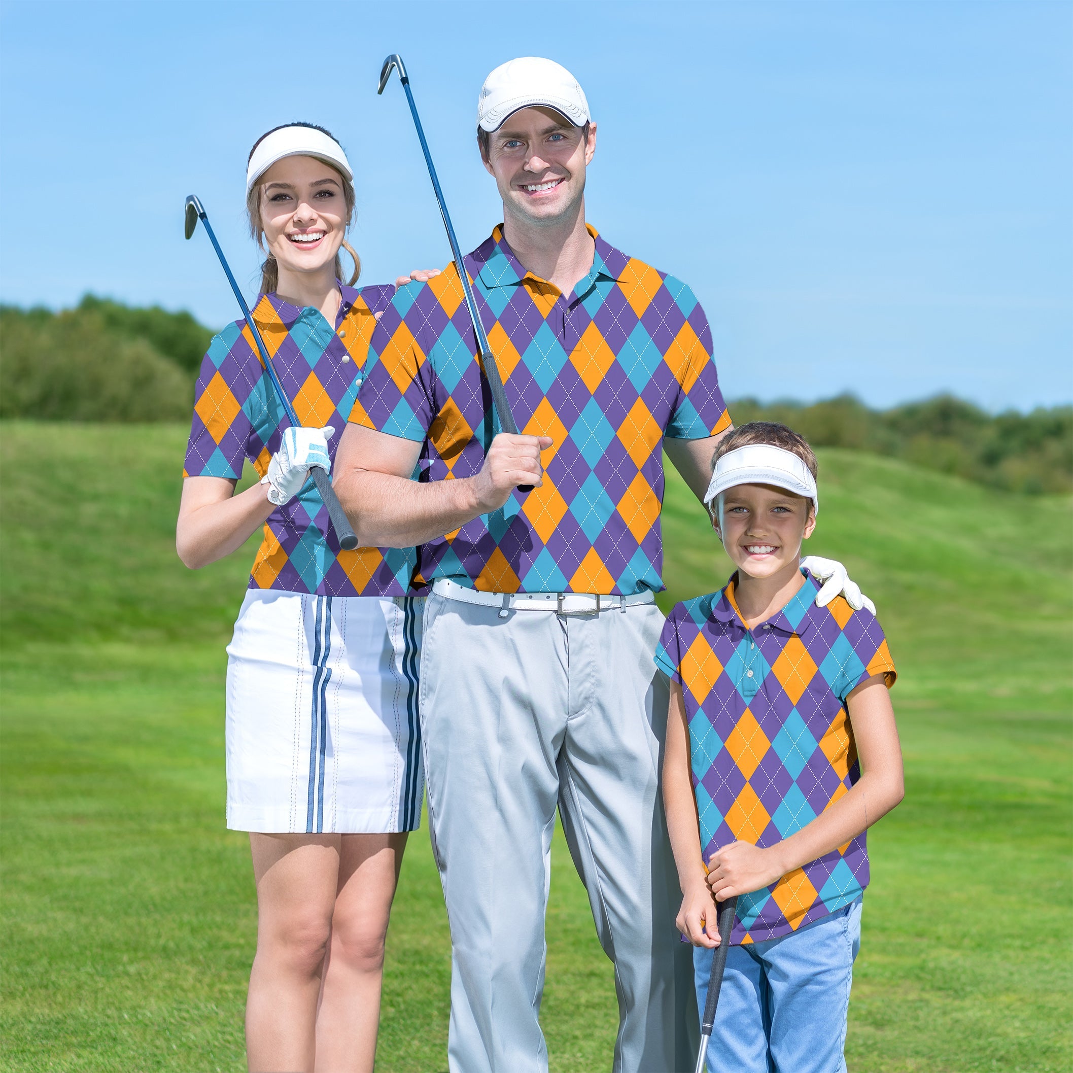 family wearing purple orange blue argyle golf shirts on course