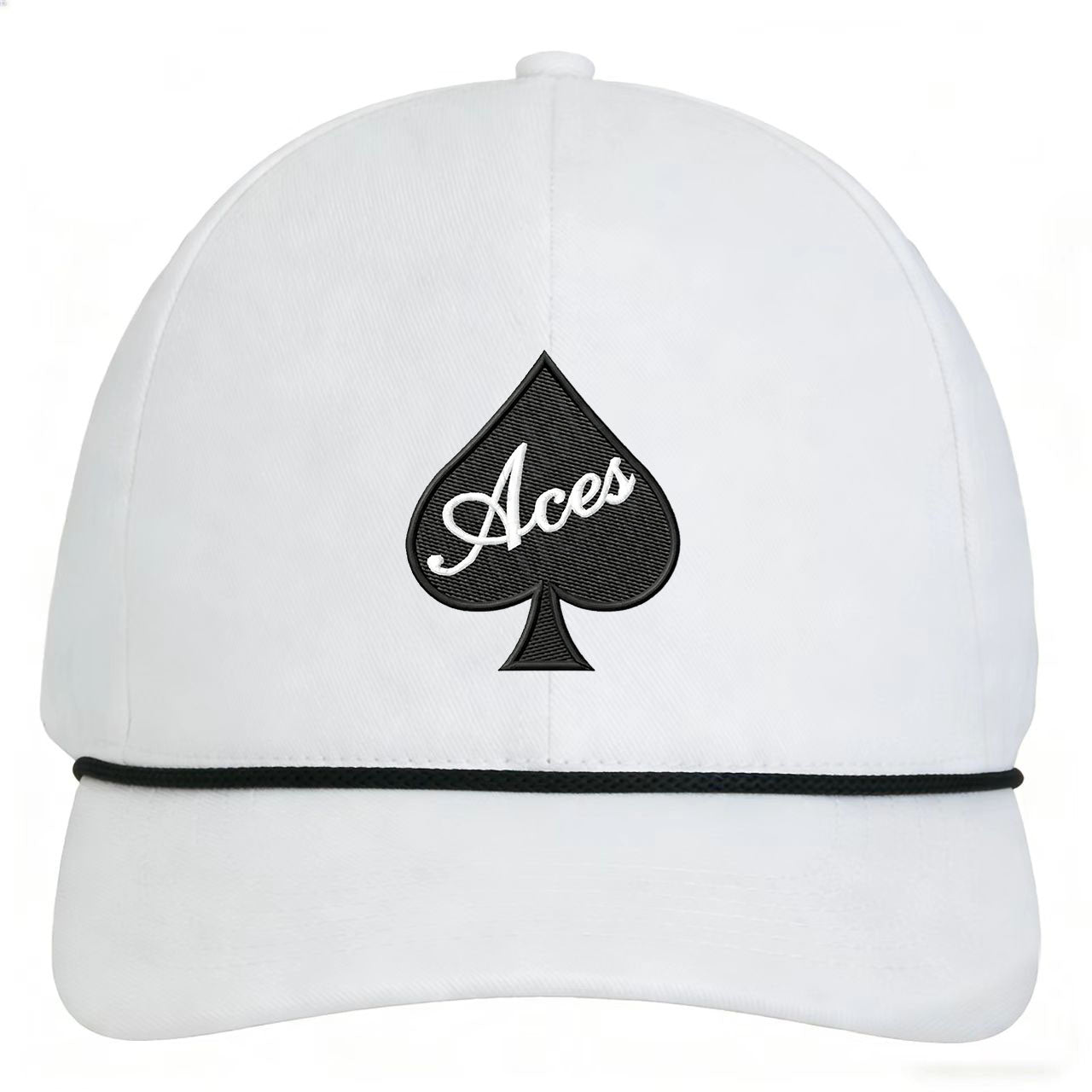 White custom embroidered hat with vintage black spade and "Aces" text, unisex snapback design, adjustable fit, premium fabric