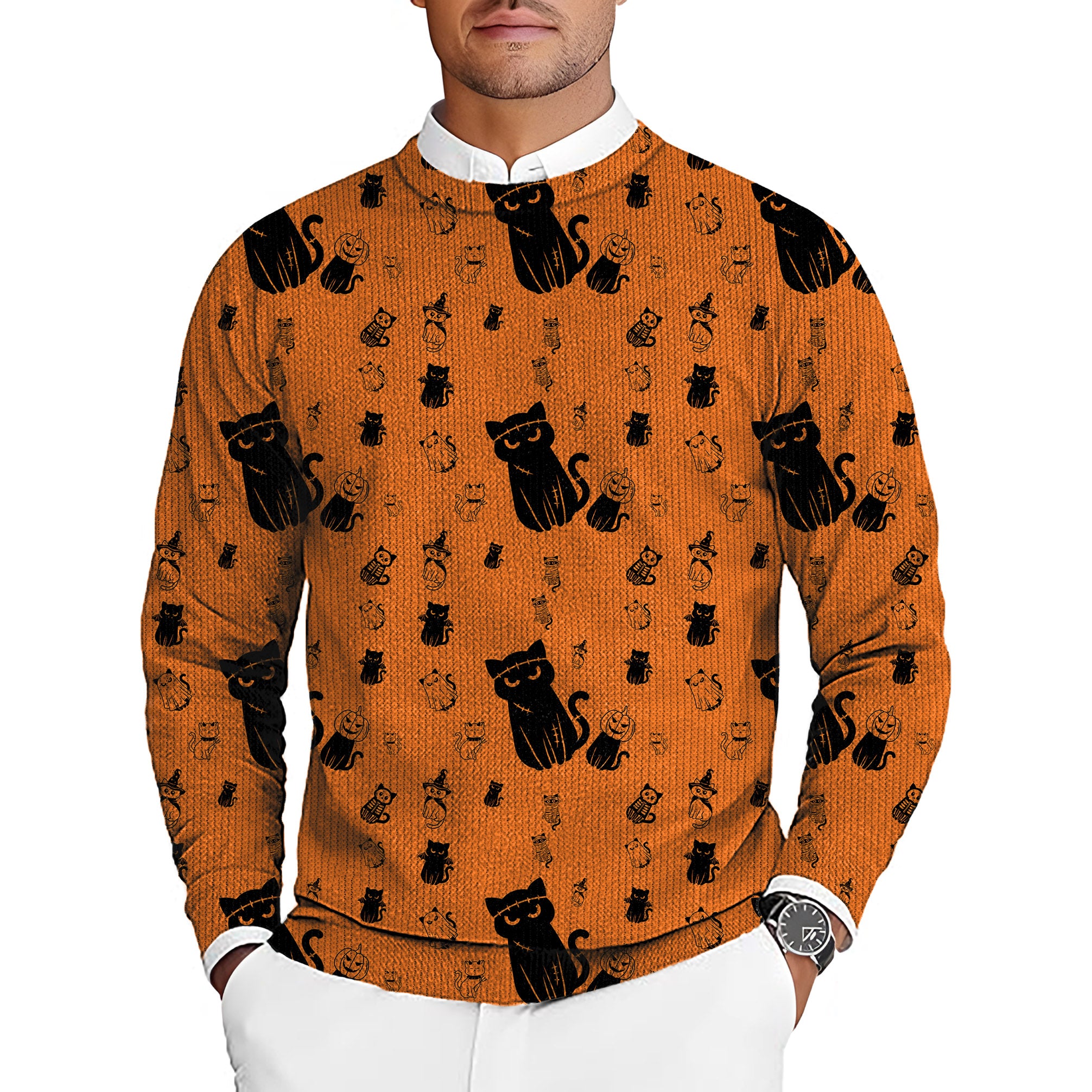 Halloween Cute Cat Custom The Background Color Men's Golf Crewneck Pullover Sweaters Ugly Sweater