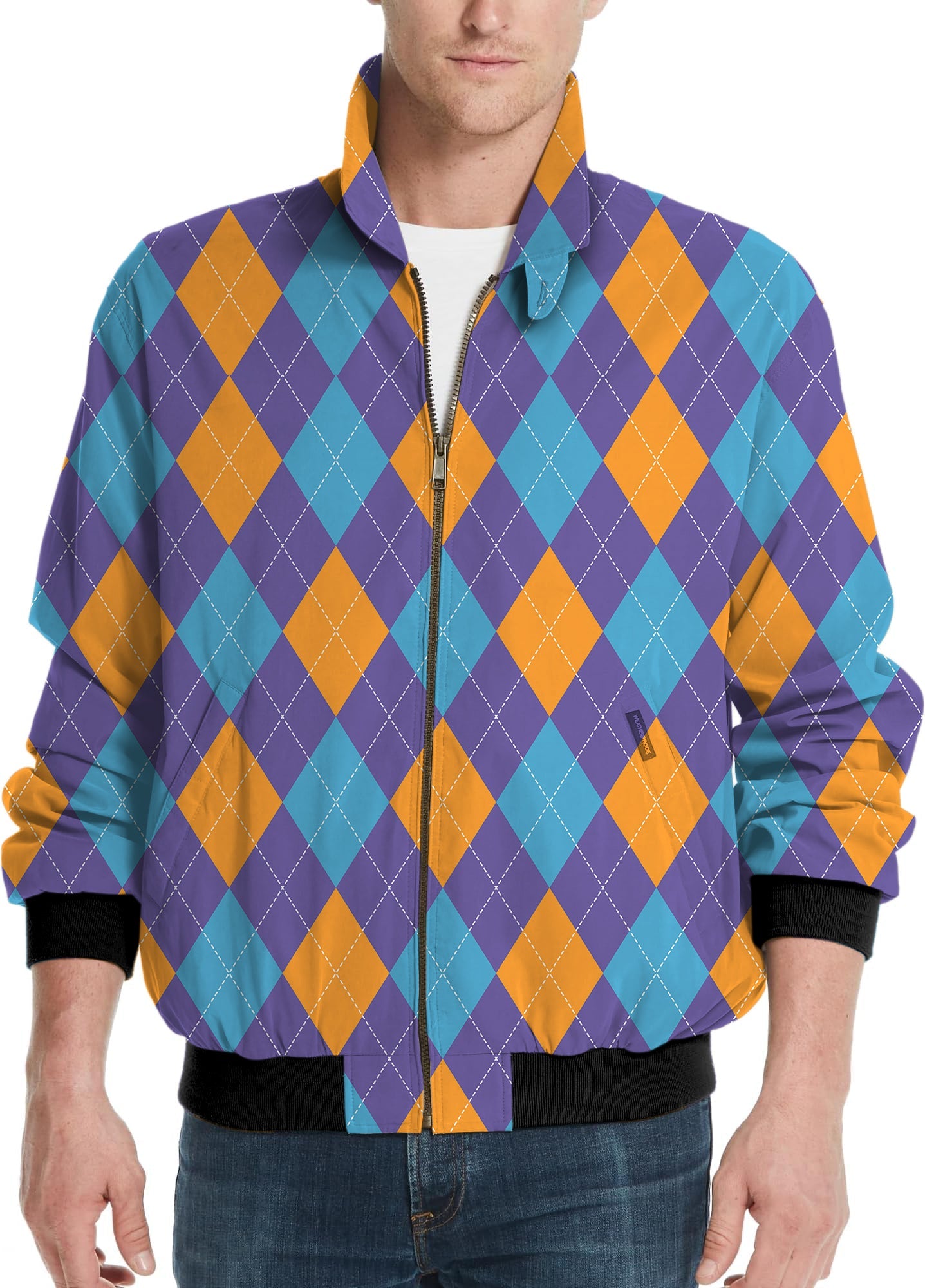 Men's golf windbreaker with purple, orange, and blue argyle pattern light jacket