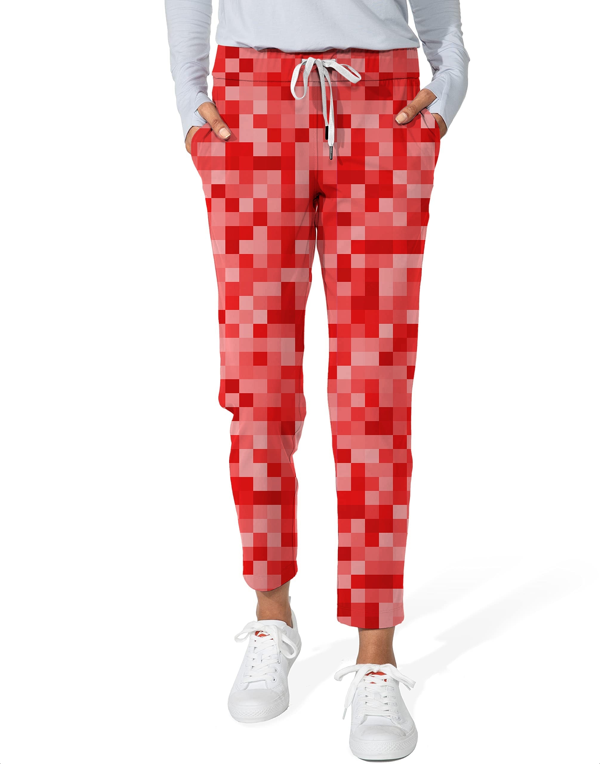 Red Pixel Big Women's 7/8 stretch ankle golf pants with pixelated red pattern and drawstring waist