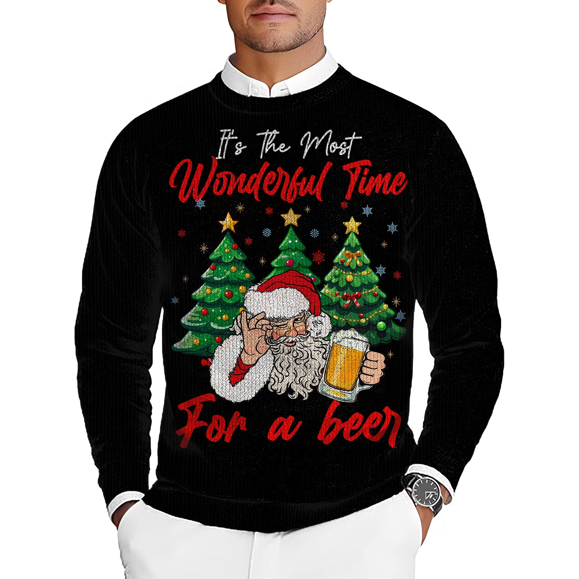 Men's black golf crewneck pullover sweater with Santa and Christmas tree beer design, soft and lightweight ugly Christmas sweater.