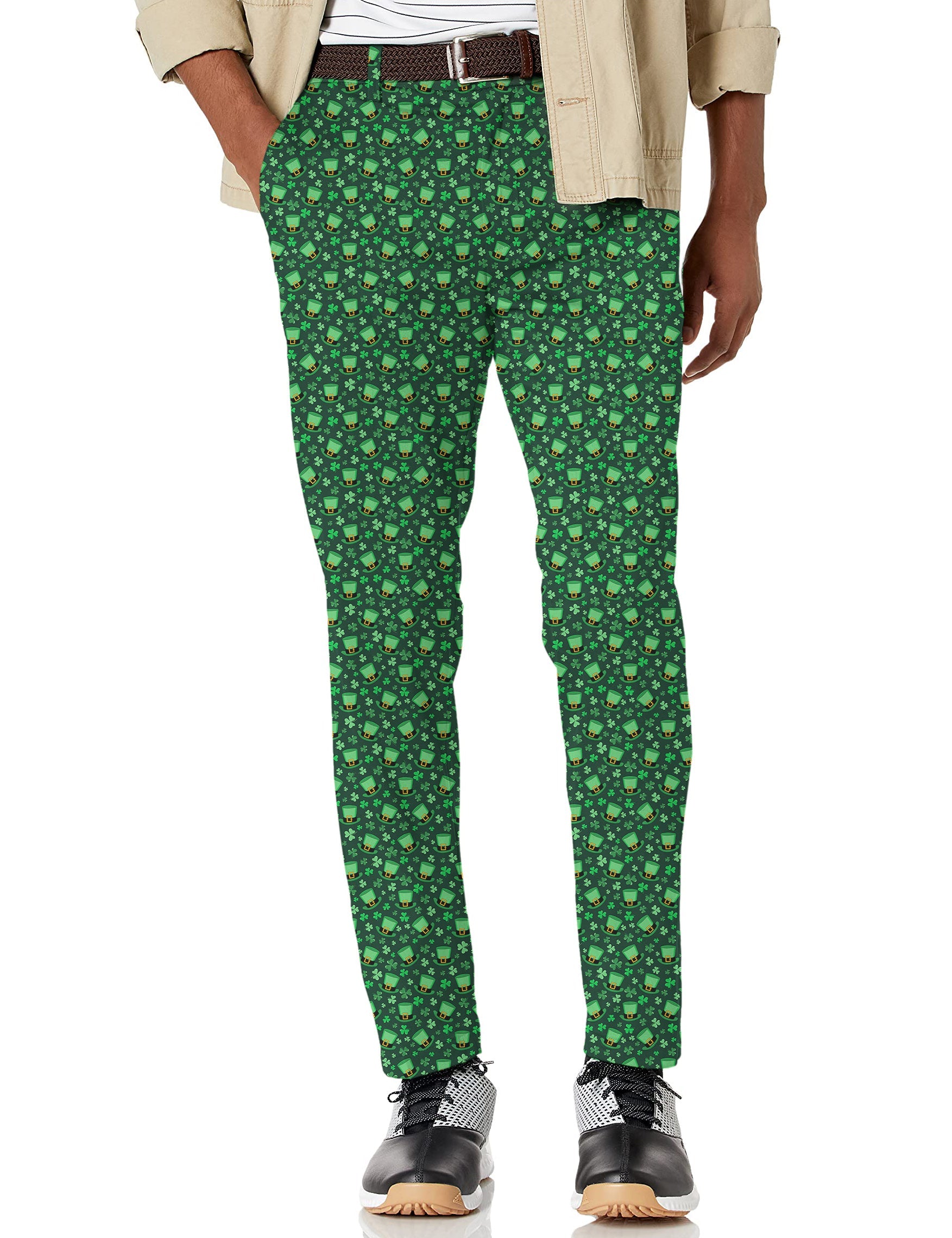 Men's St. Patrick's Day golf pants with leprechaun hat and clover leaf pattern, stretchy moisture-wicking fabric