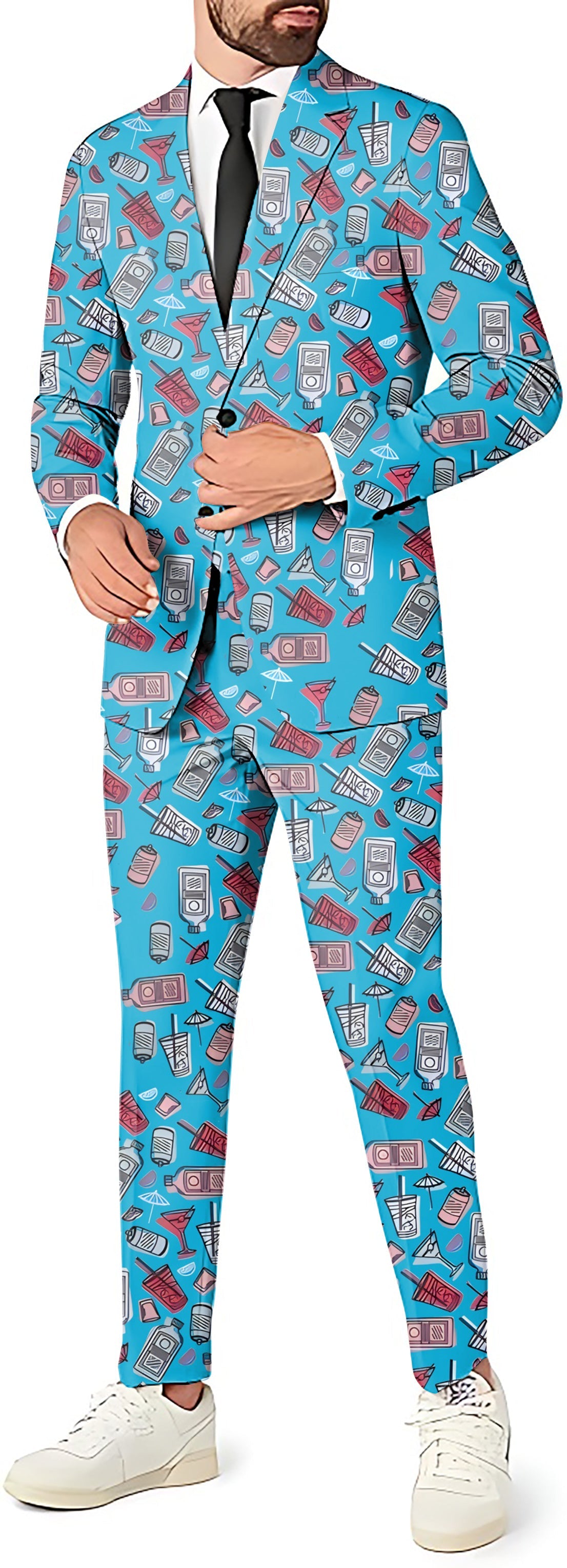 DAY DRINKER men's party suit with blazer, pants, and vest in blue cocktail print