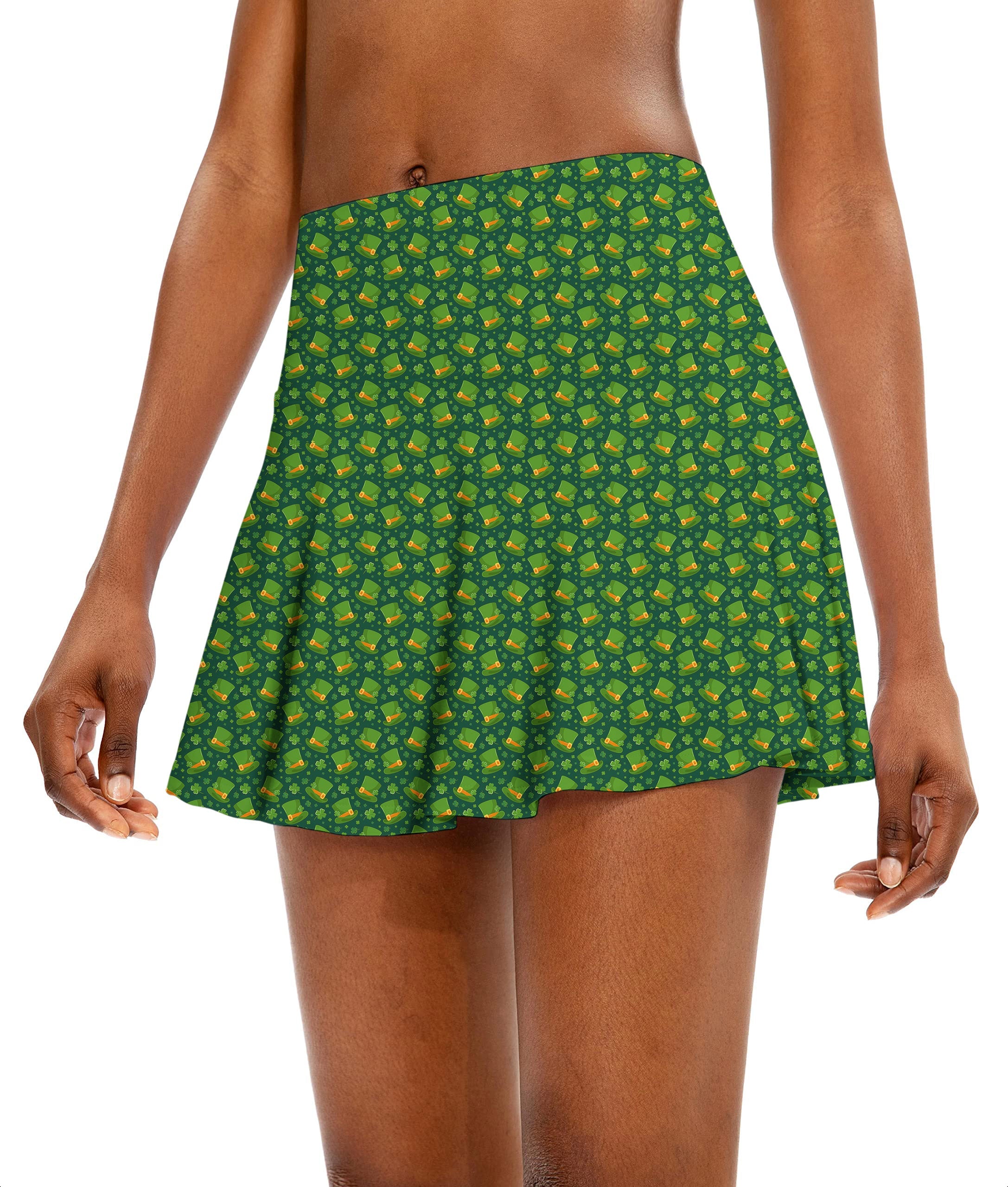 Women's flared golf skirt with green leprechaun hat and clover leaf pattern for St. Patrick's Day