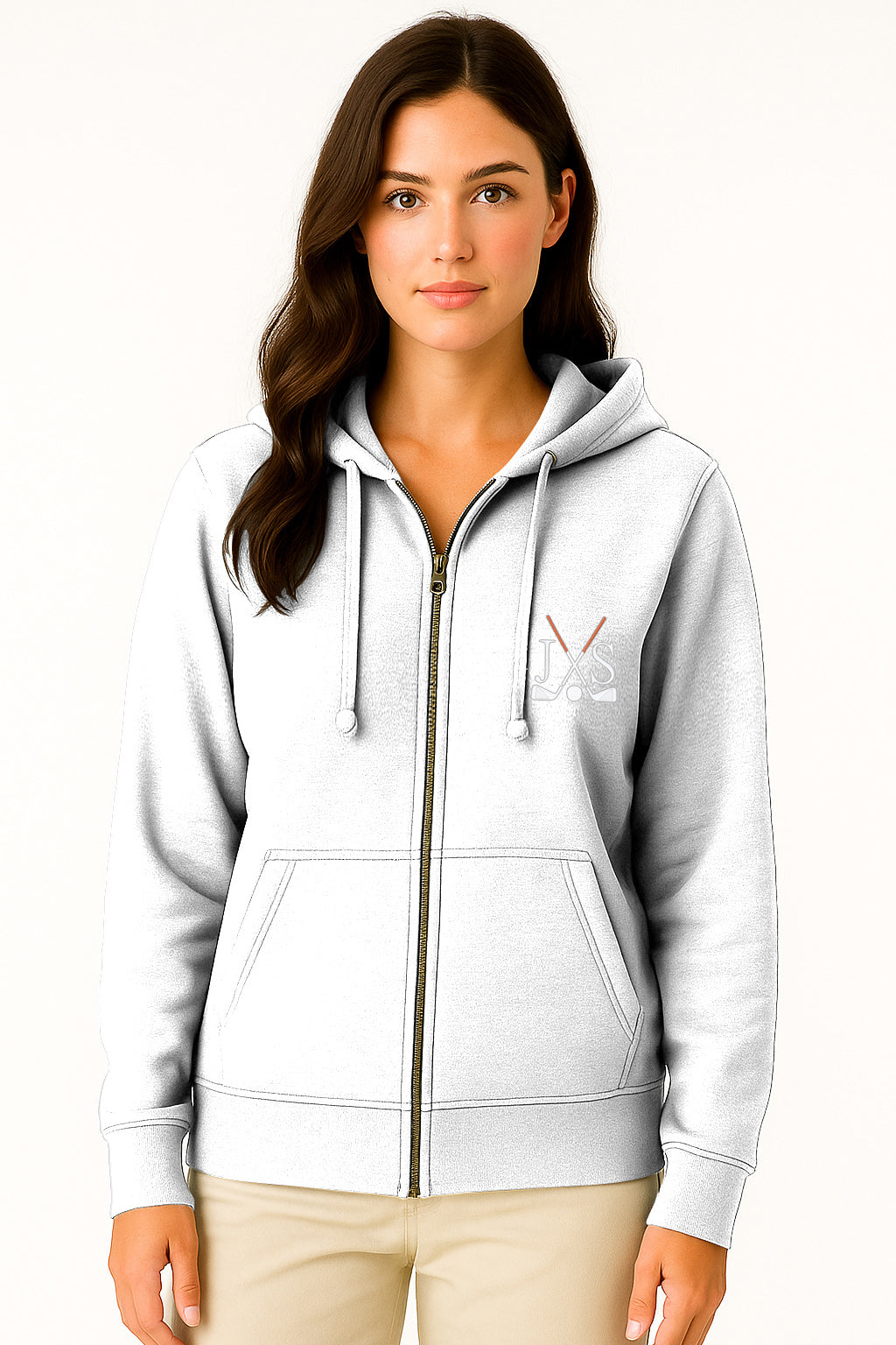 Embroidery solid color white plus size women's zipper hoodie with golf club design