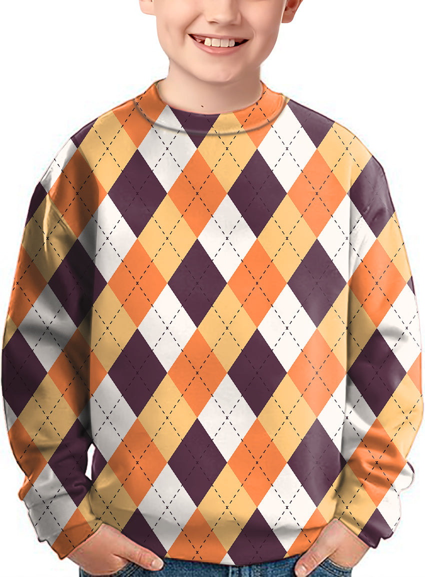Halloween orange white brown argyle crewneck pullover kids ugly sweater with geometric pattern