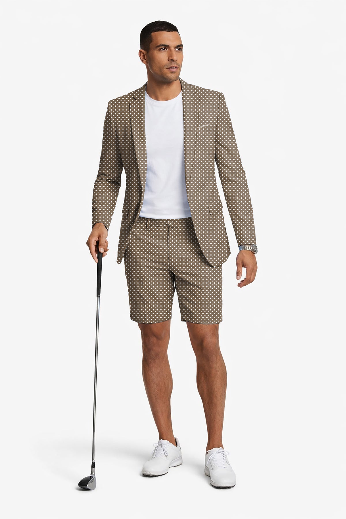 white polka dot brown Men's Party Costumes-Theme Party 2pcs Suit set-Blazer Shorts