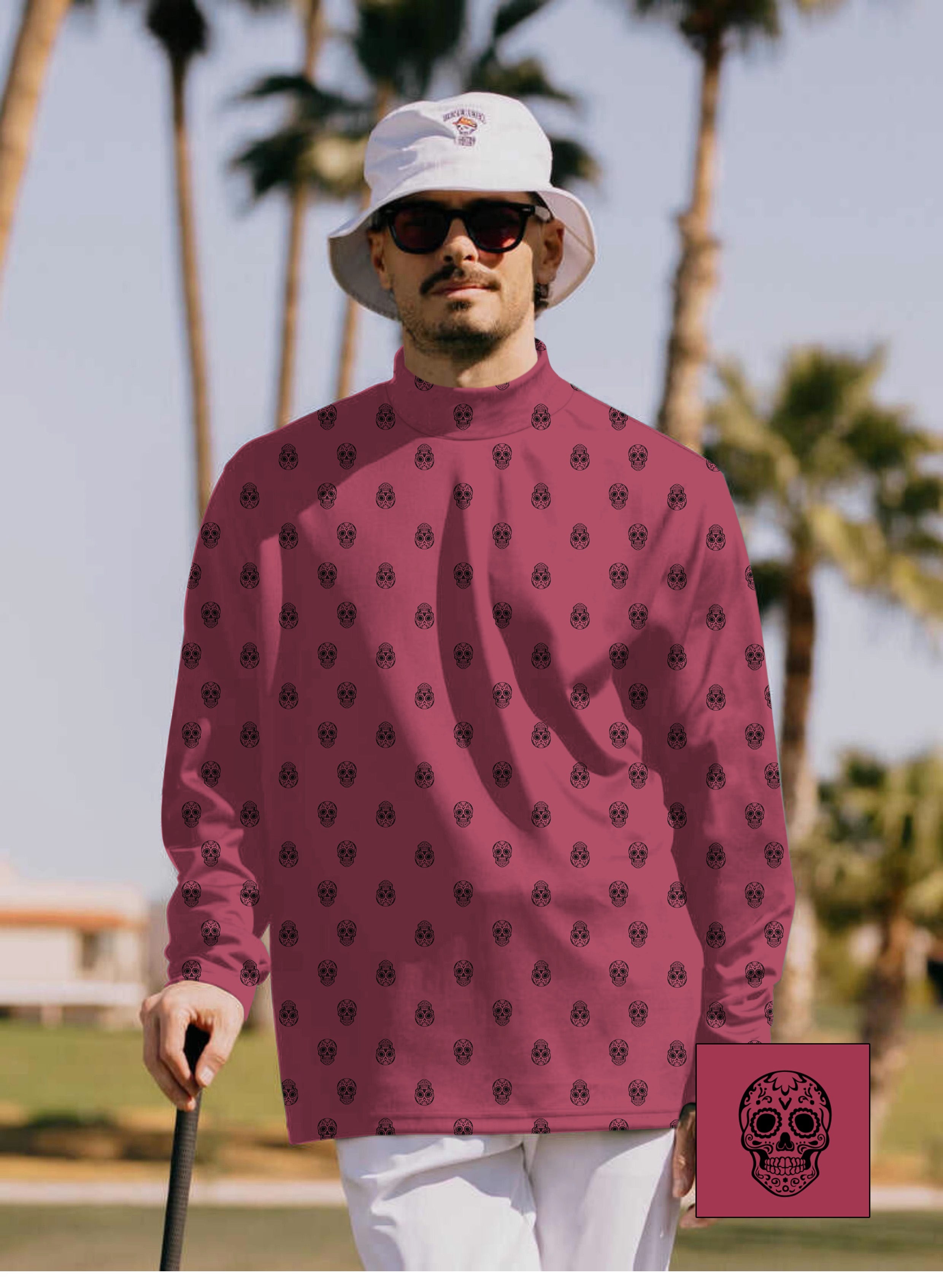 Men's Skull Custom high neck pullover long sleeve t-shirt with skull pattern and maroon background