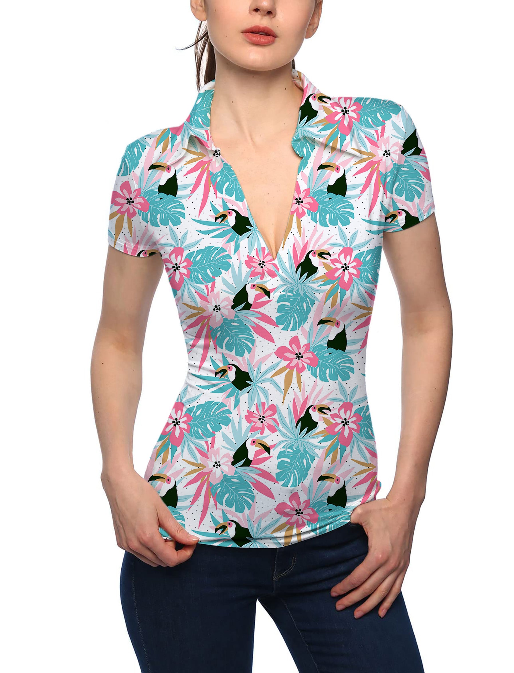 Women's Floral Toucan V Neck Golf Polo