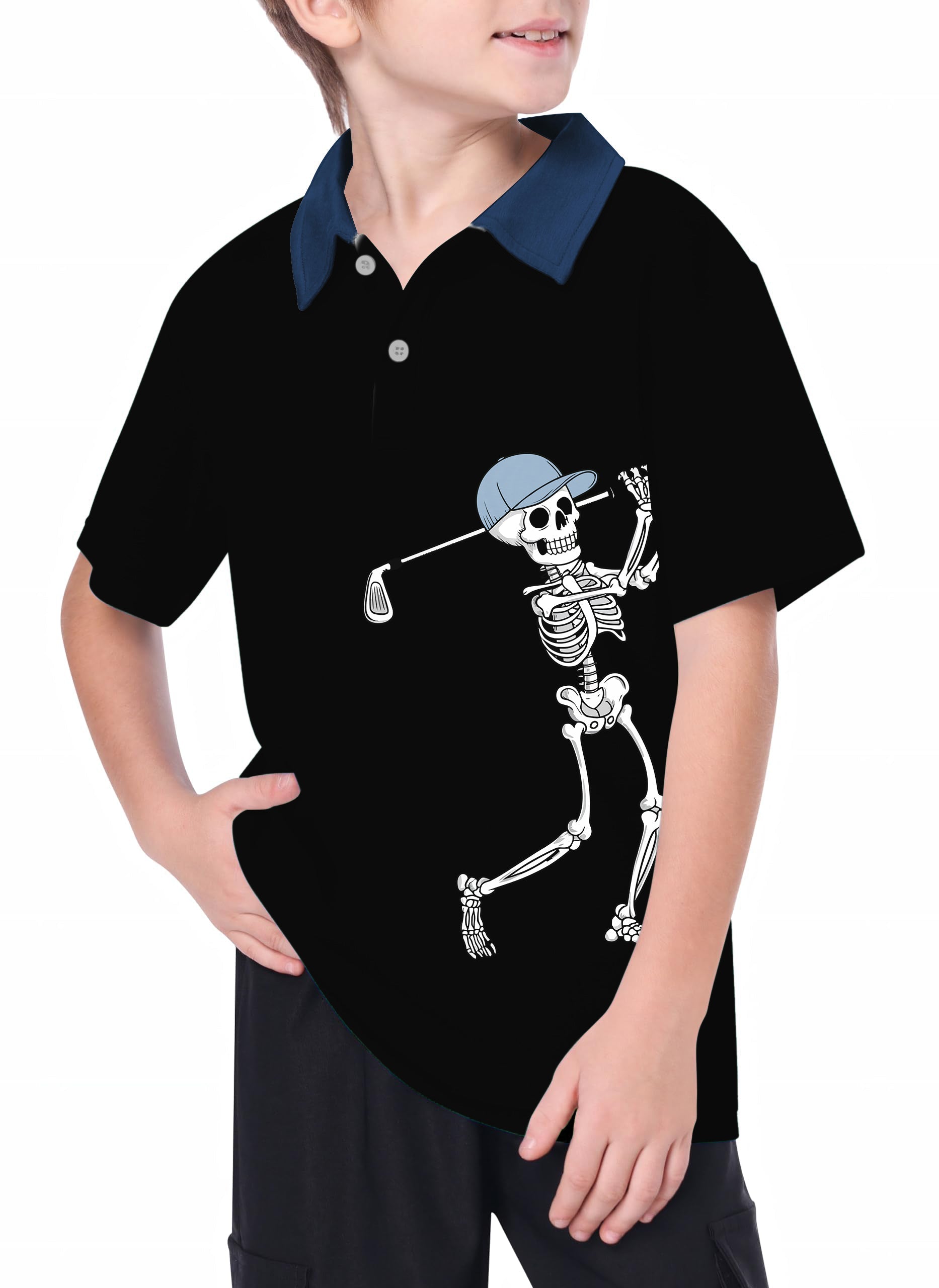 Youth golf polo with blue collar and black fabric featuring a skeleton golfing graphic