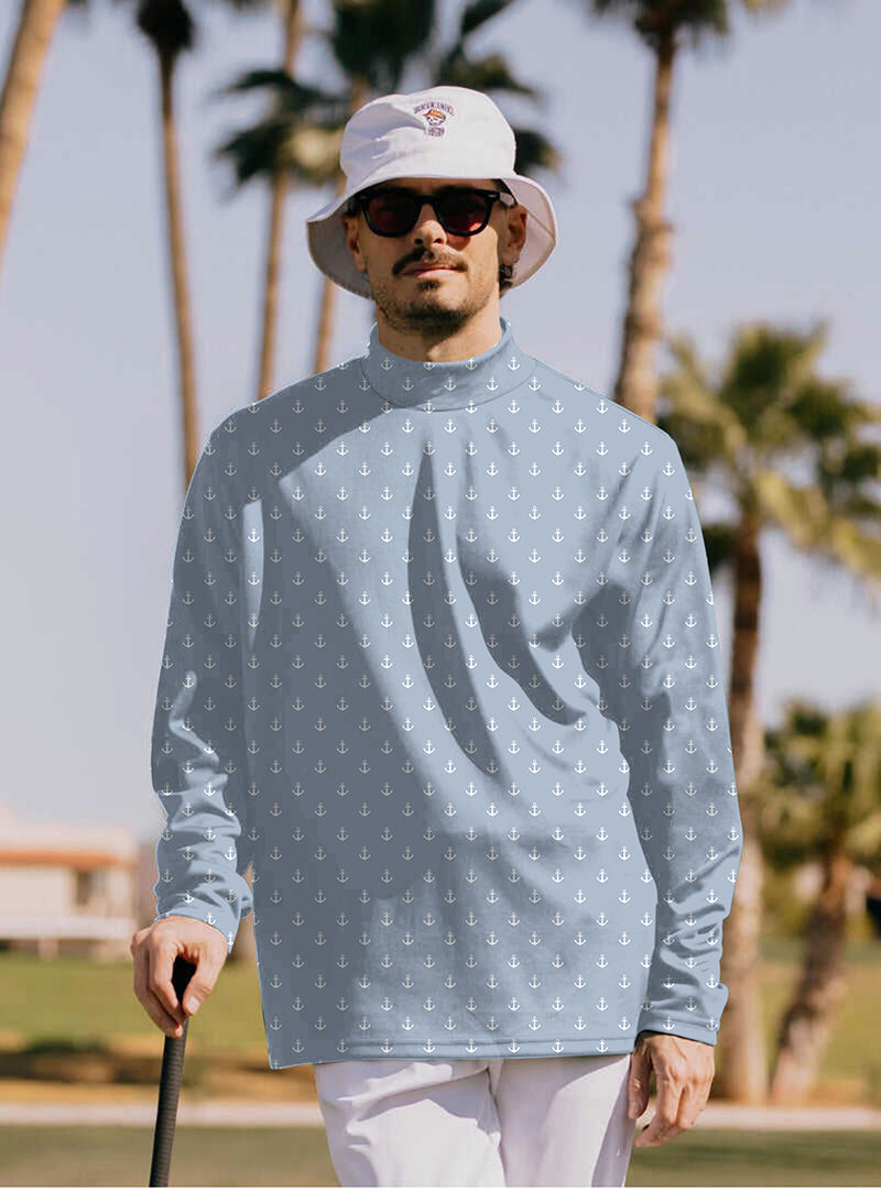 Men's blue anchor pullover with high neck and long sleeves worn by golfer outdoors