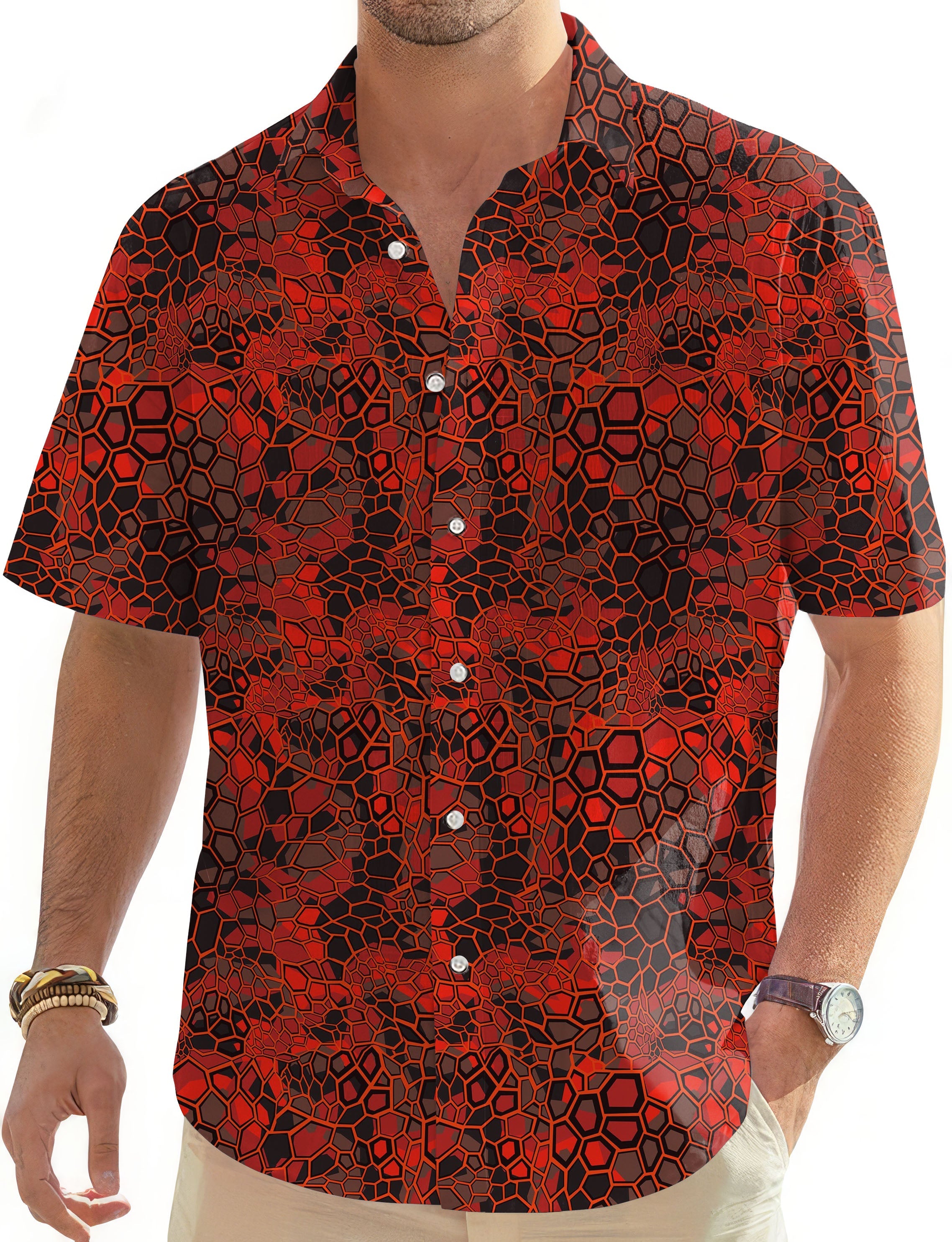 Men's red dragonscale-patterned Hawaiian golf shirt with short sleeves and button-down front